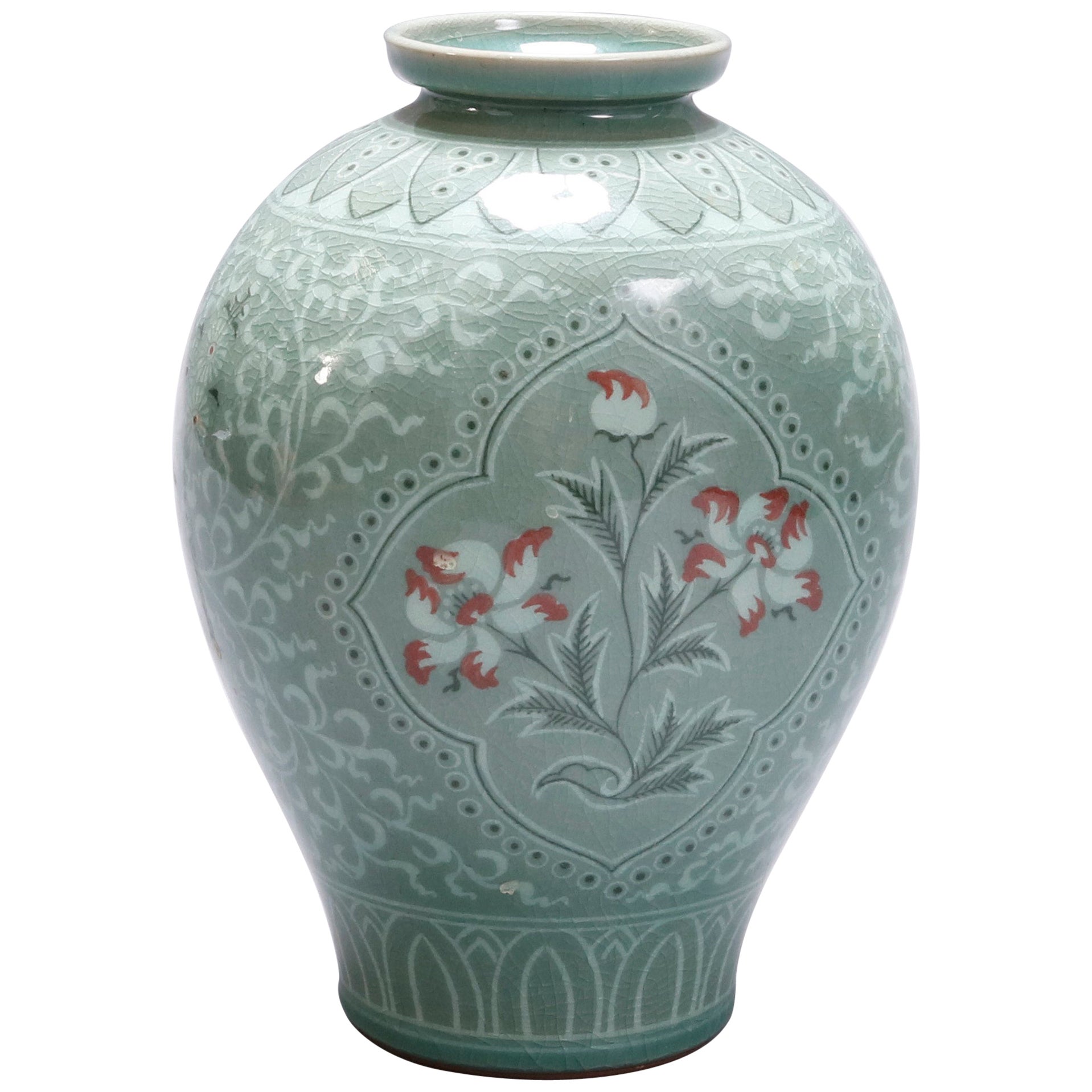 Korean Carved Celadon Vase, Maebyeong, Goryeo Style, Early 20th Century