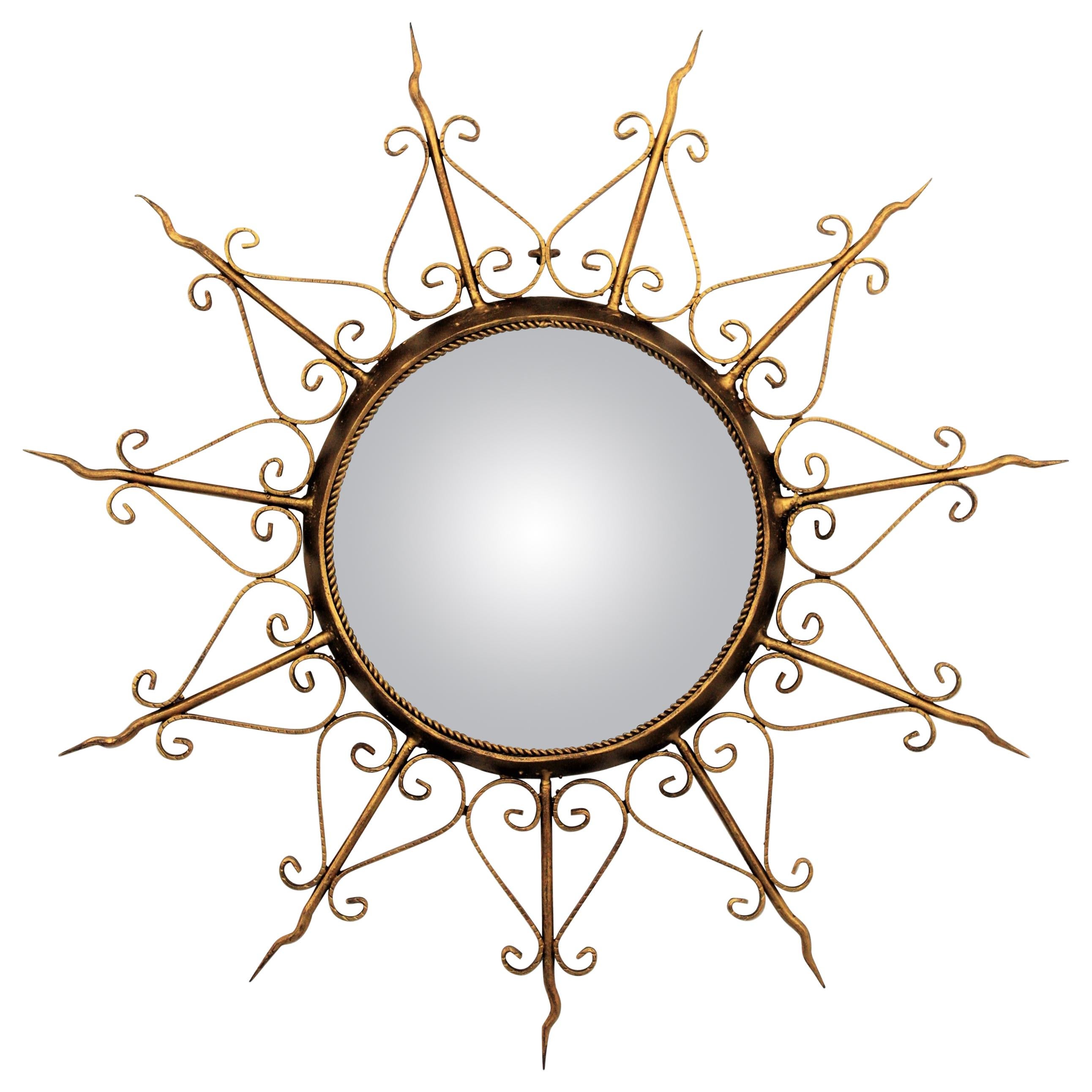 Spanish Mid-Century Modern Ornamented Gilt Metal Convex Sunburst Mirror