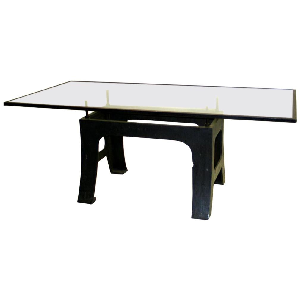 French Midcentury Iron Dining Table with Cantilevered Glass Top by Saint Gobain