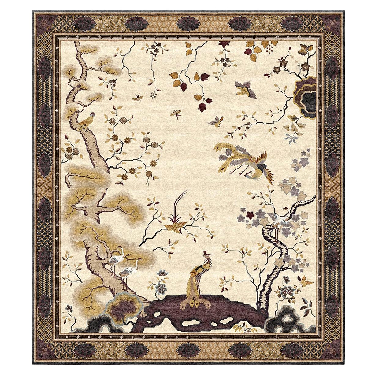 Beige Traditional Hand Knotted Silk Rug - Chinese Phoenix Bronze For Sale