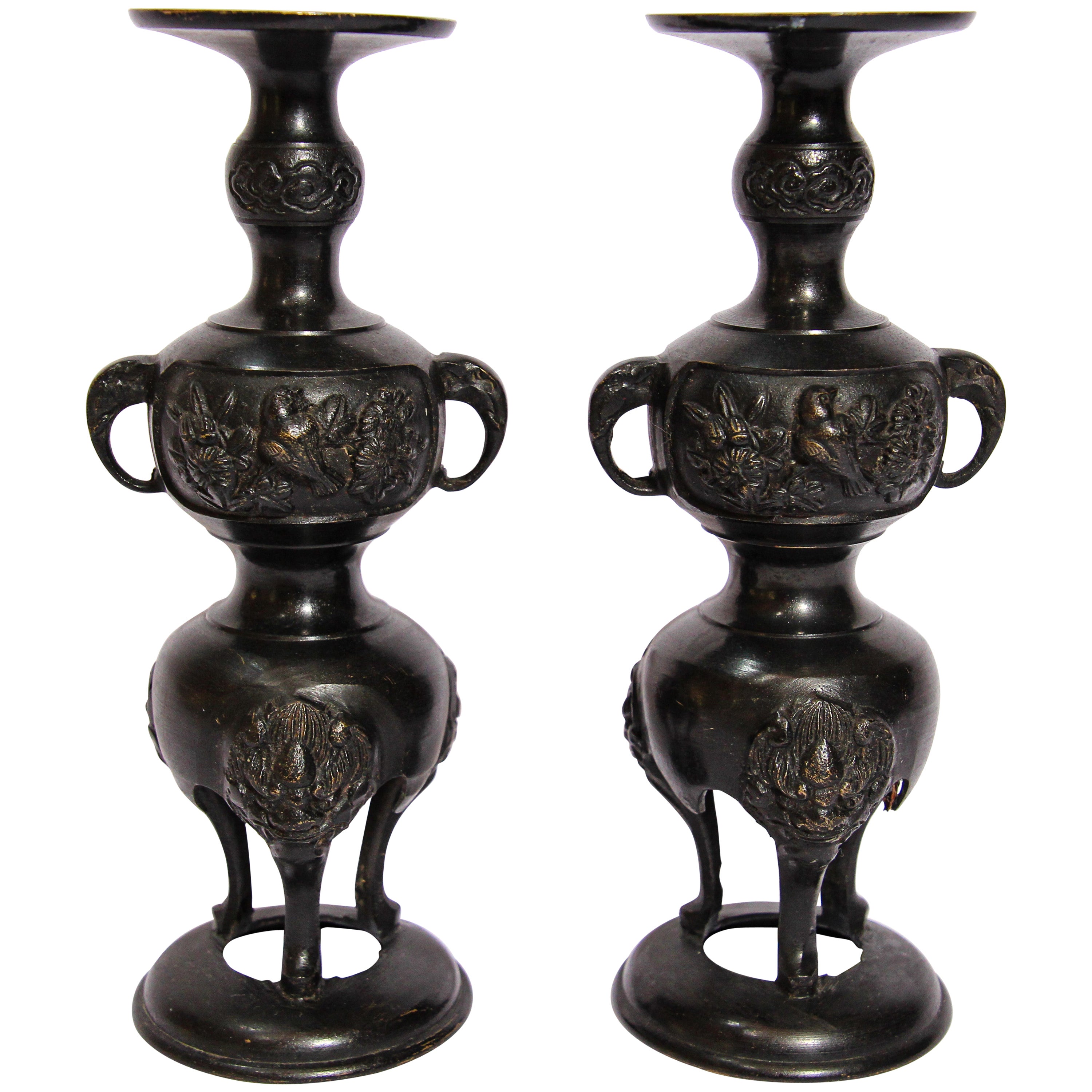 Pair of Antique Japanese Candlesticks For Sale at 1stDibs