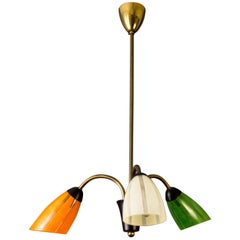 Mid-Century Modern Brass and Green, Orange and White Glass Chandelier, 1950s