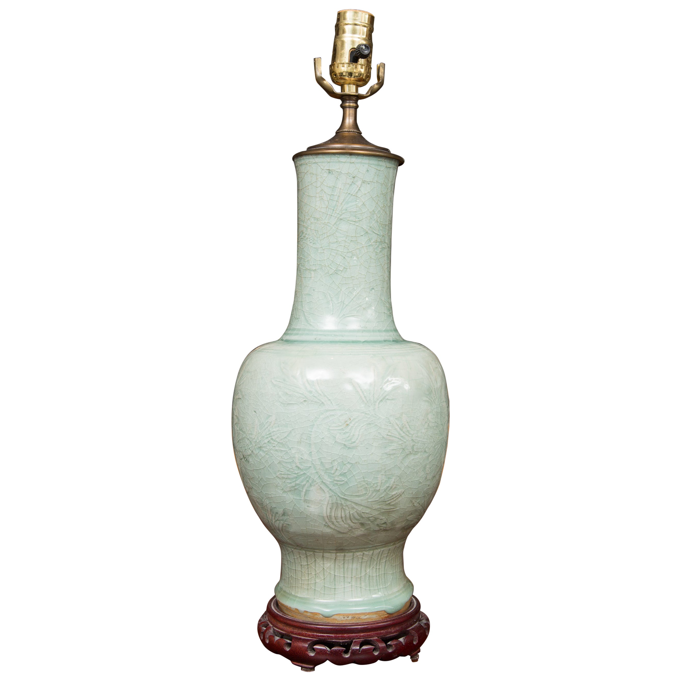 Antique Chinese Celadon Bulbous Vase/Lamp For Sale at 1stDibs