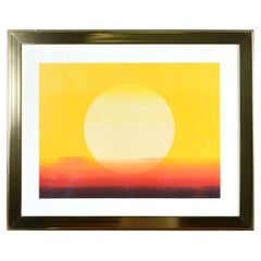 1970s Brass Gold Frame Orange, Red and Yellow Sunset Pencil Signed Serigraph