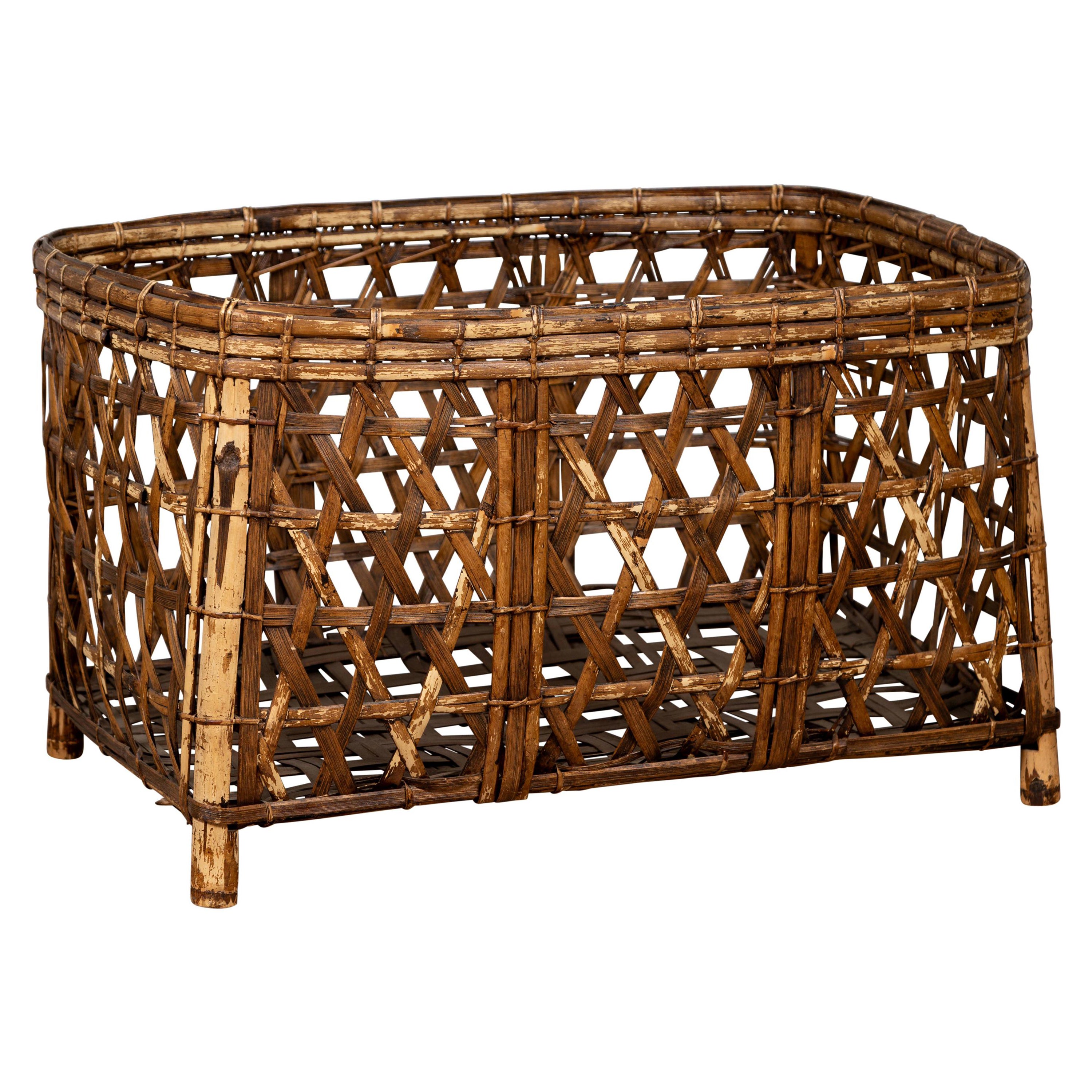 Large Midcentury Bamboo Fretwork Basket Raised on Short Feet, circa 1950
