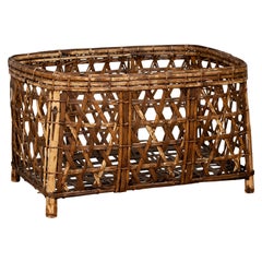 Antique Large Midcentury Bamboo Fretwork Basket Raised on Short Feet, circa 1950