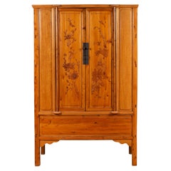 Retro Natural Wood Two-Door Cabinet with Floral Décor and Drawers