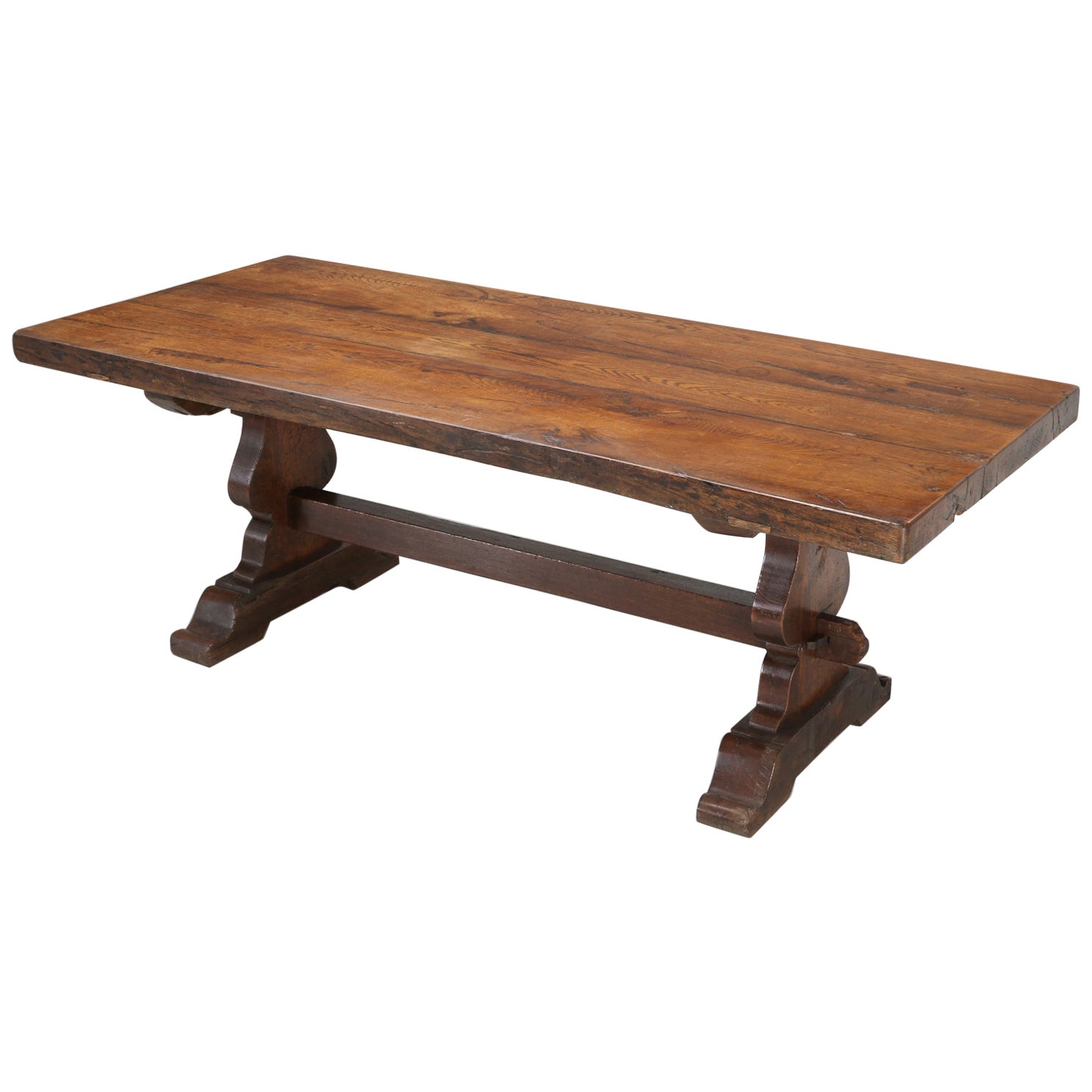Antique Oak Trestle Table with Two Half Moon Leaves For Sale at 1stDibs