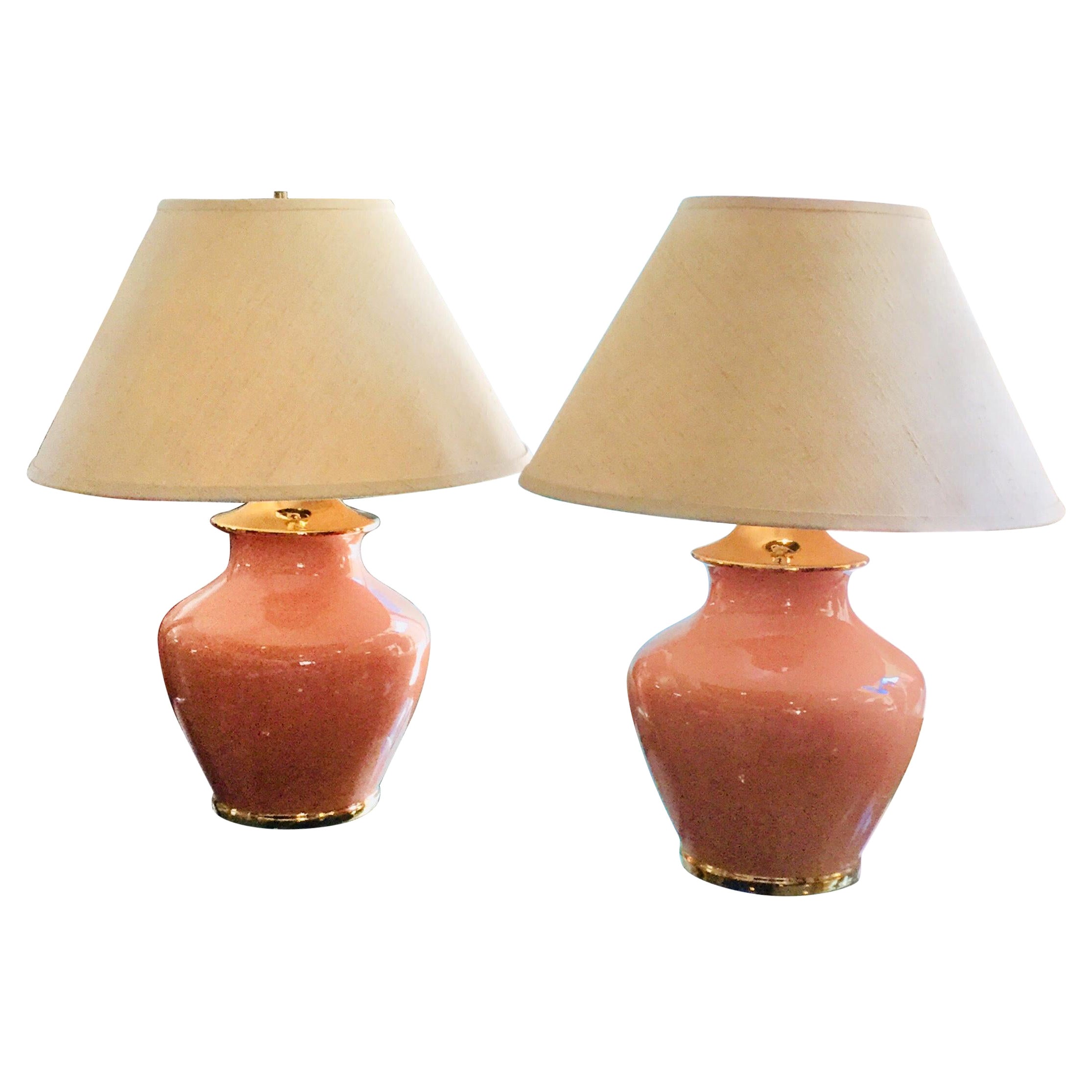 Vintage 1980s Coral and Gold Ceramic Lamps with Brass Trim Pair For Sale