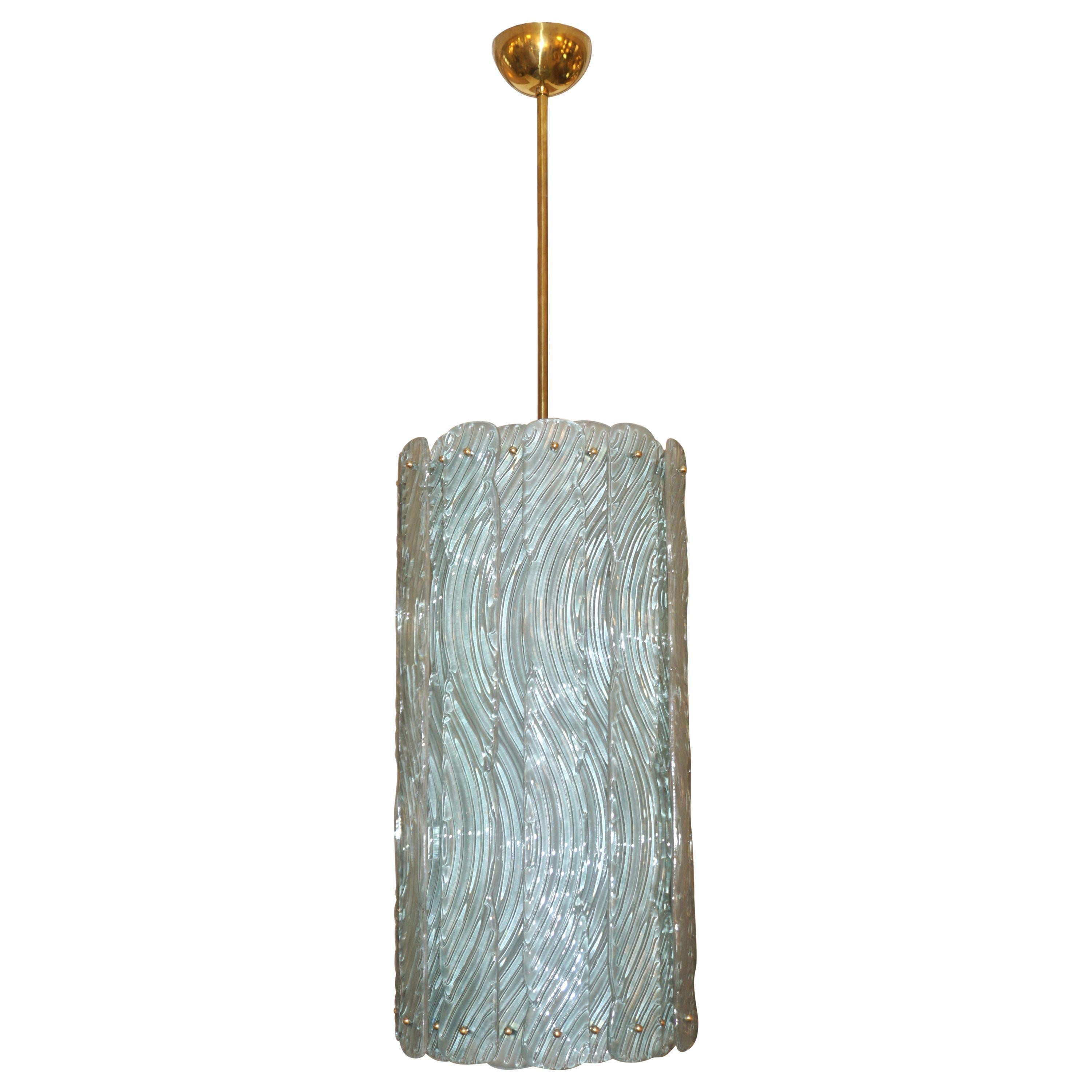 Modern Italian Aquamarine Crystal Murano Glass Tall Brass Lantern / Chandelier