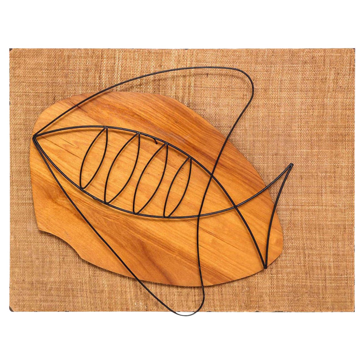 Wall Sculpture, Mid-Century, Fish Motif, Wood & Linen, C 1950, Modern Art