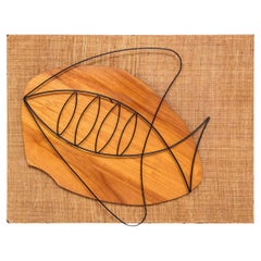 Retro Wall Sculpture, Mid-Century, Fish Motif, Wood & Linen, C 1950, Modern Art