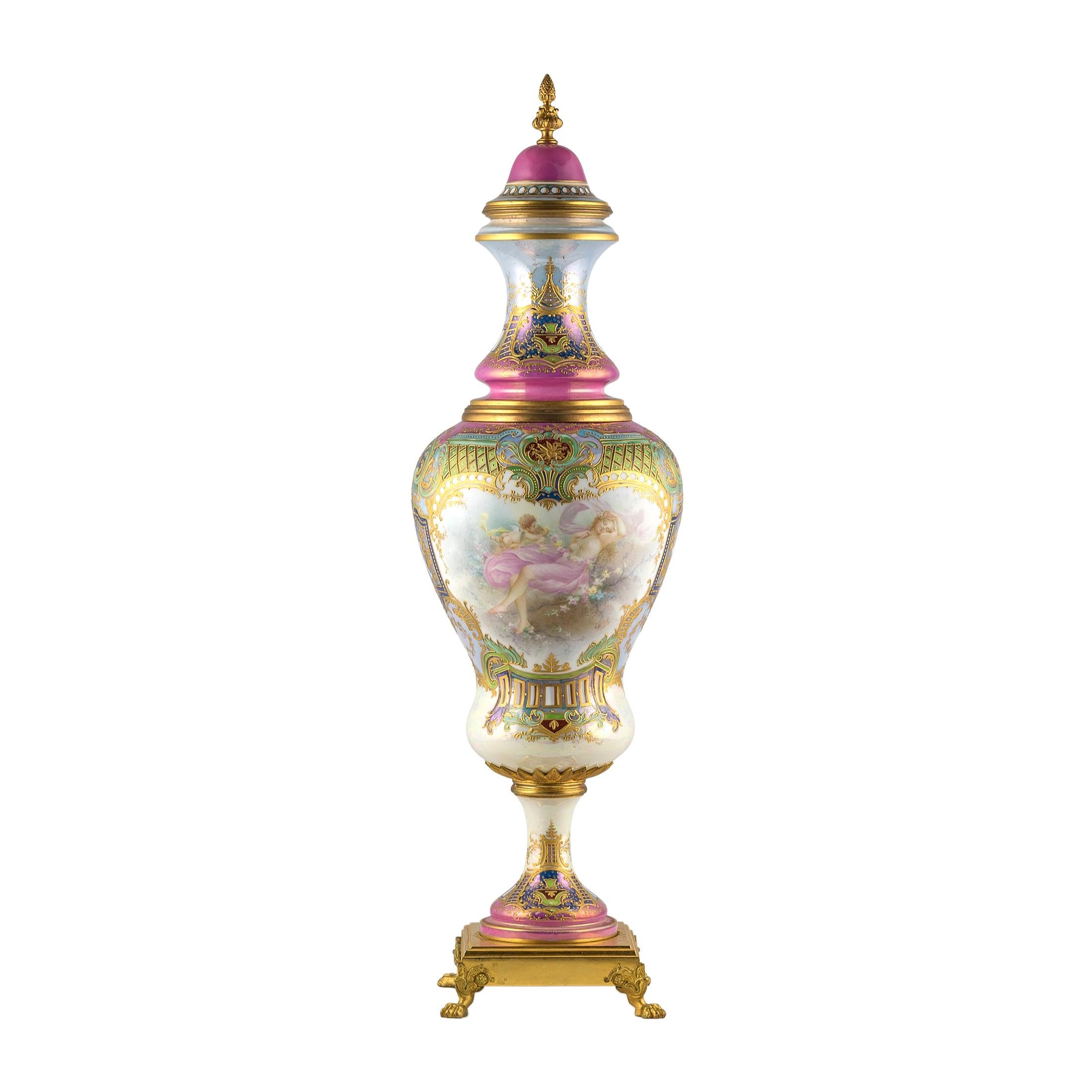 19th Century Sèvres Style Gilt Porcelain Pink Iridescent Glaze Portrait Vase For Sale