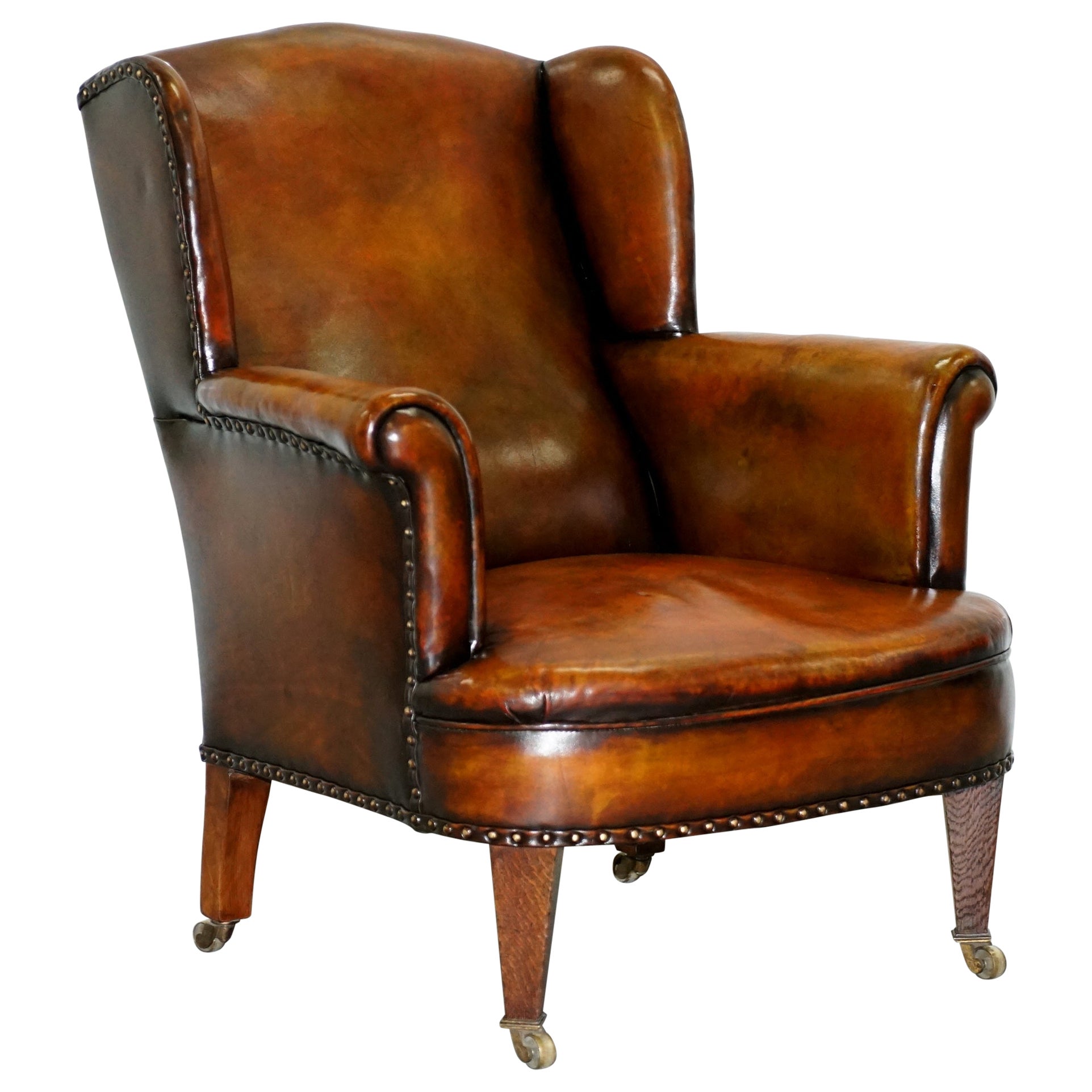 Pair of Hand Dyed Red Leather Wingback Chairs For Sale at 1stDibs