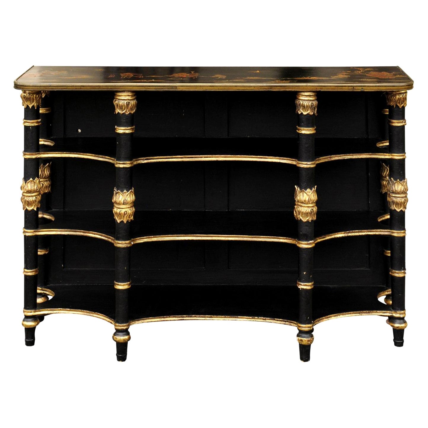 Englisches, ebonisiertes, dreistöckiges englisches Regal mit Chinoiserie-Dekor und vergoldeten Akzenten