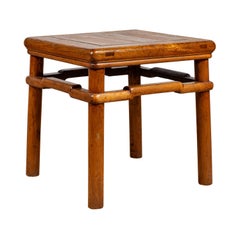 Antique Ming Style Natural Wood Side Table with Humpback Stretchers
