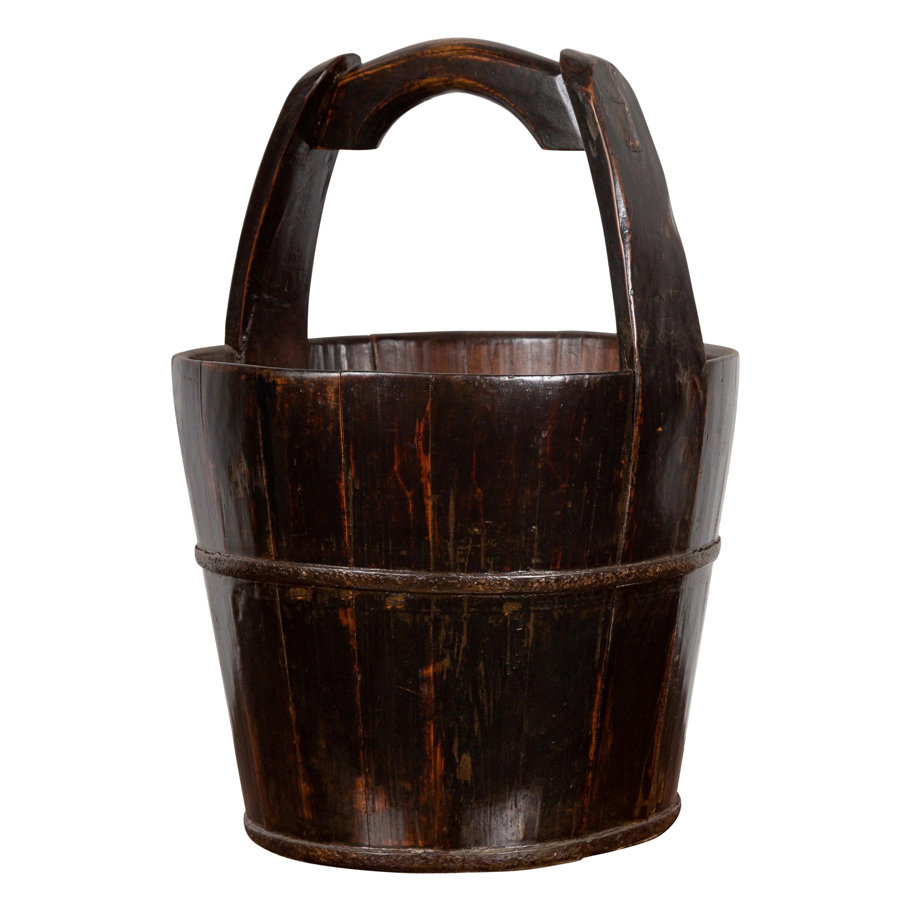 19th Century Rustic Dark Wood Bucket with Large Handle and Metal Accents For Sale