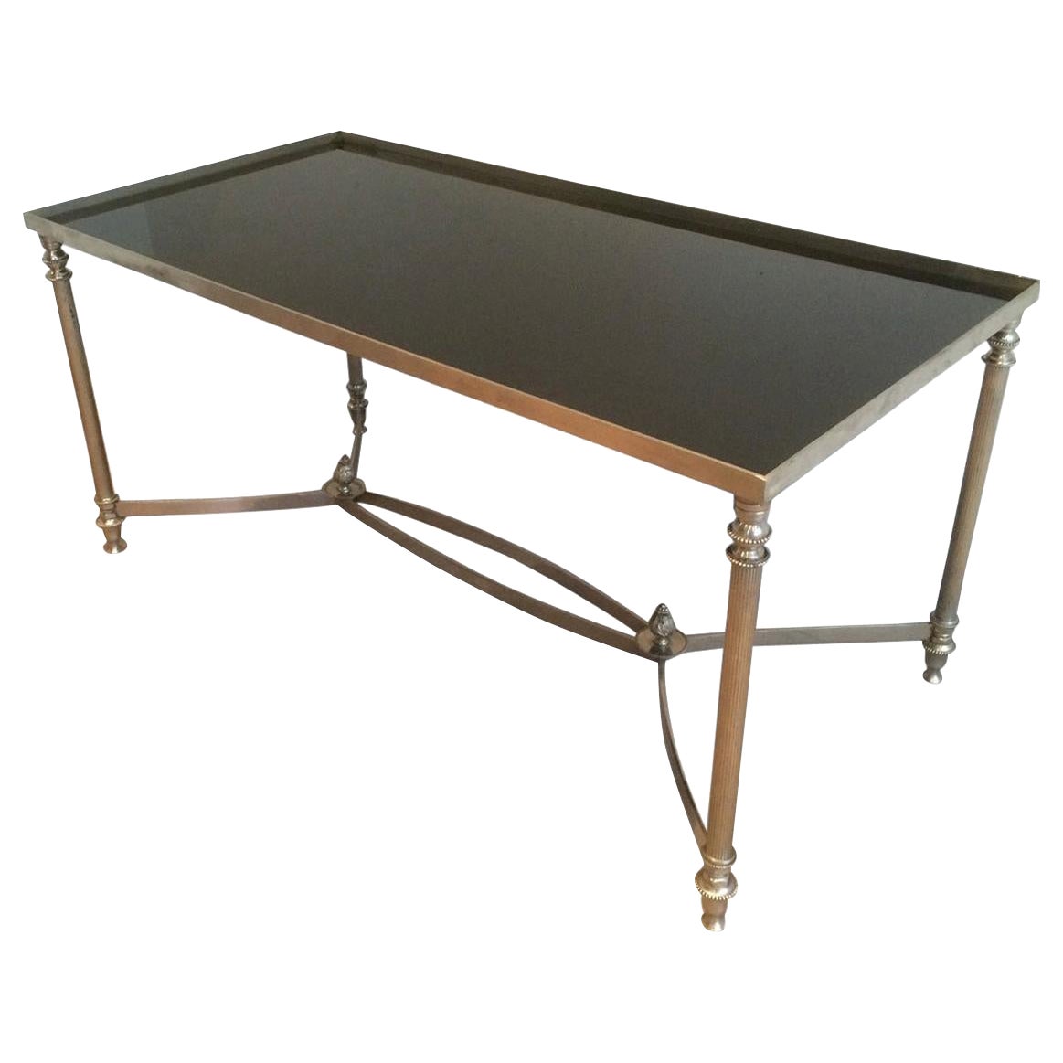 Style of Maison Jansen, Silvered Coffee Table with Black Lacquered Glass For Sale