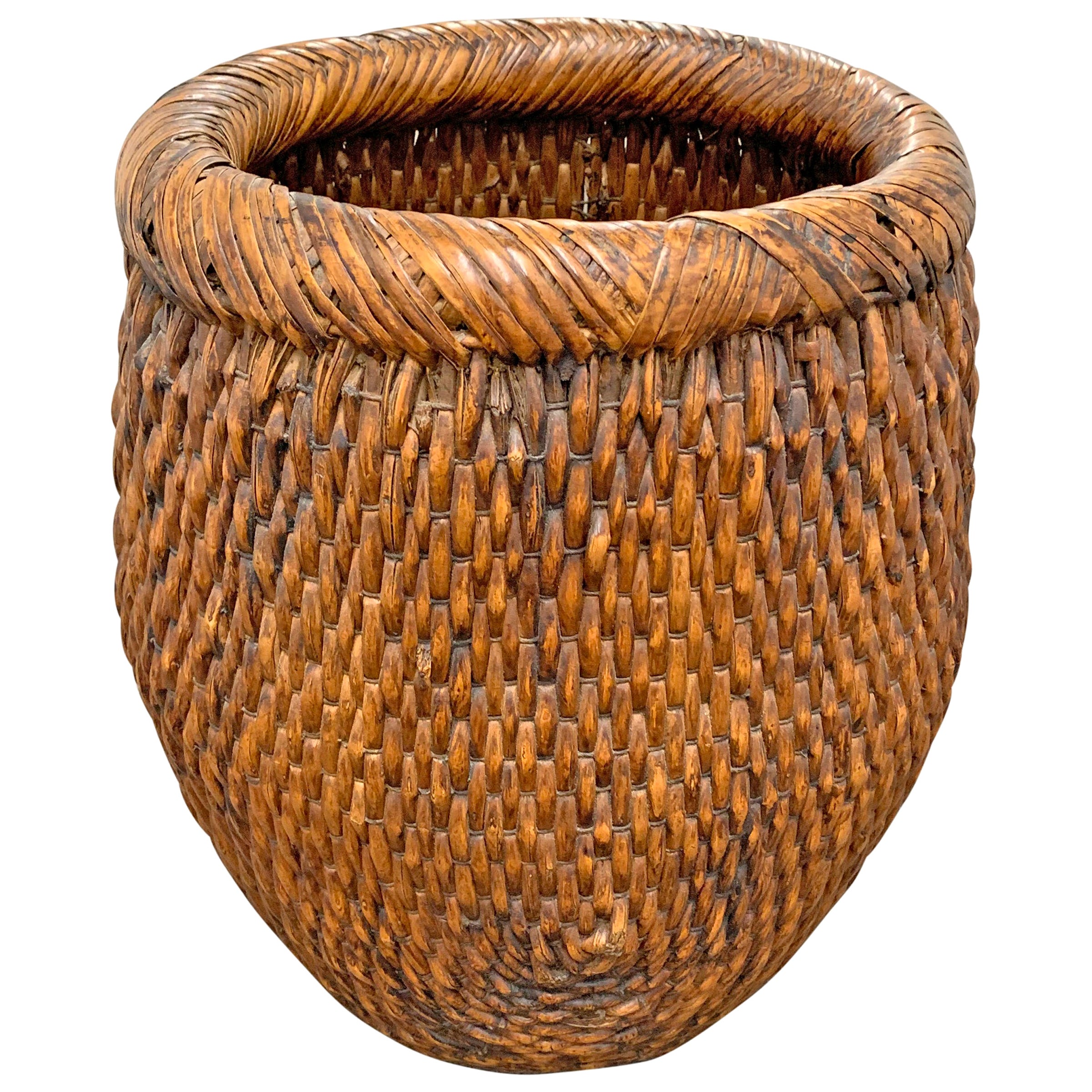 Two Lidded Woven Reed Baskets For Sale at 1stDibs