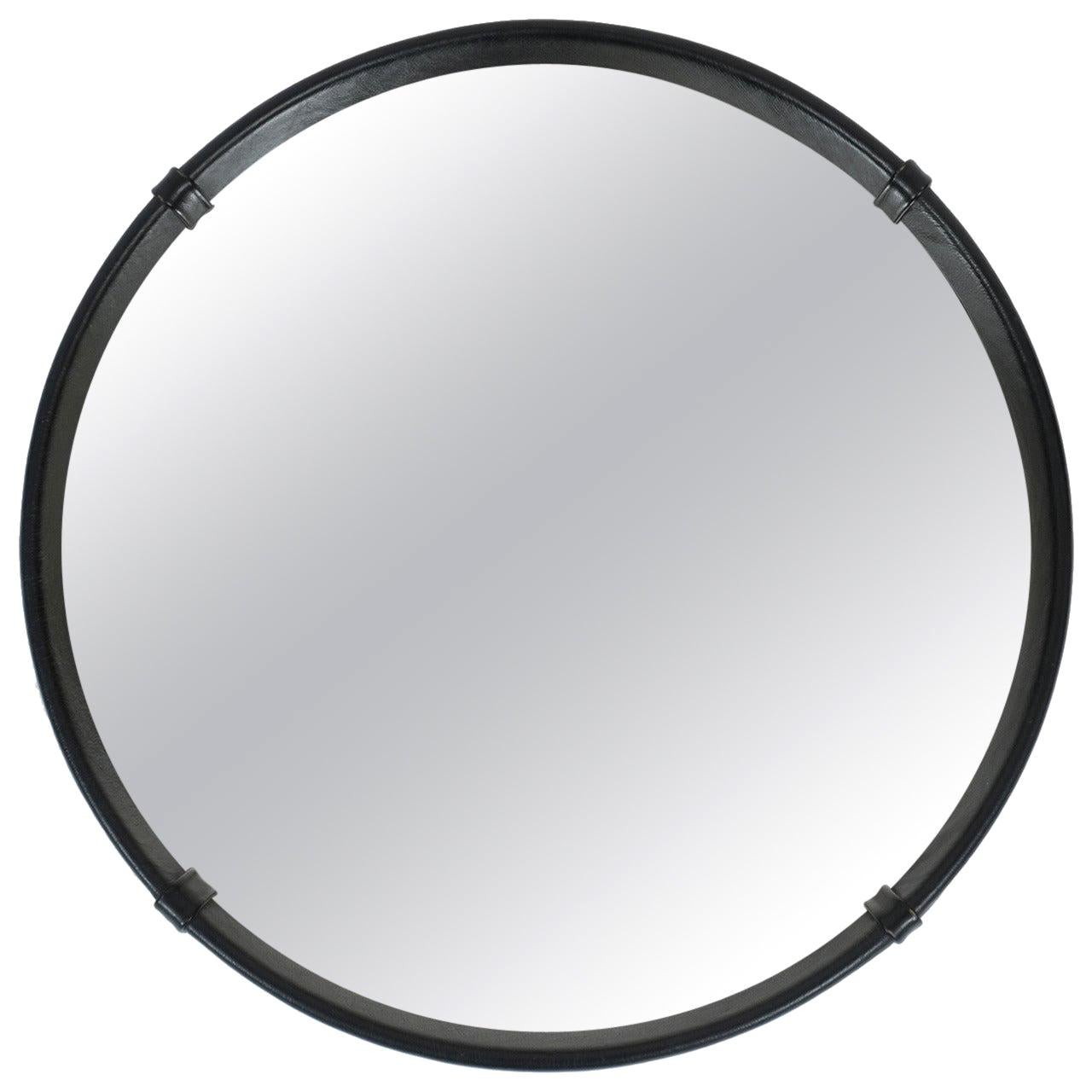 Circular Leather Wrapped Mirror in the Style of Pace