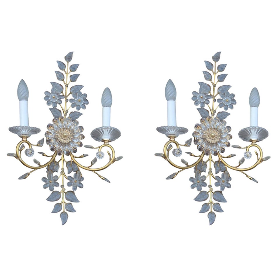 Pair Maison Baguès Wall Sconces Crystal Solid Gold Brass 1970 France Baccarat