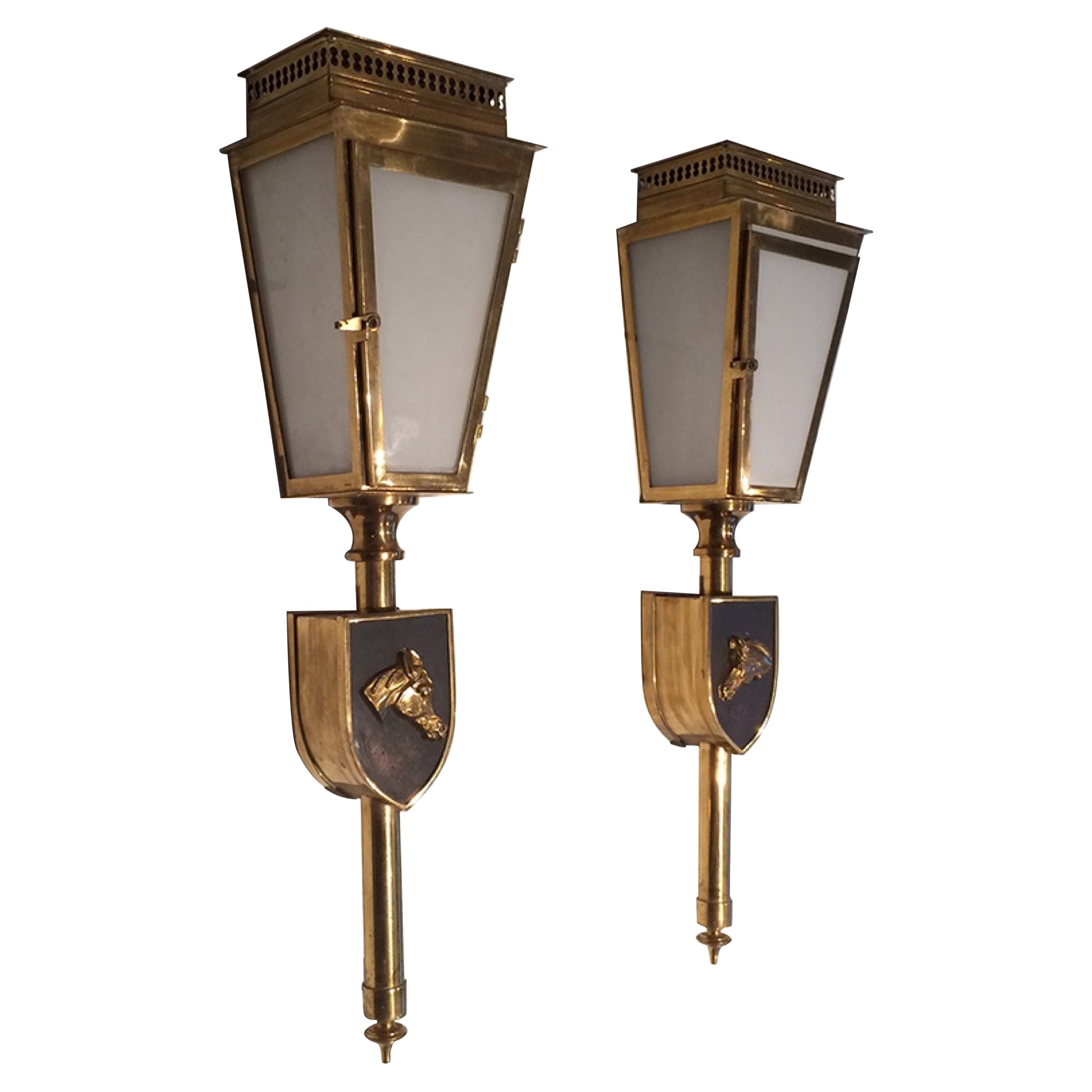 Pair of Horses Brass, Black Lacquered and Glass Lanterns, Circa 1950