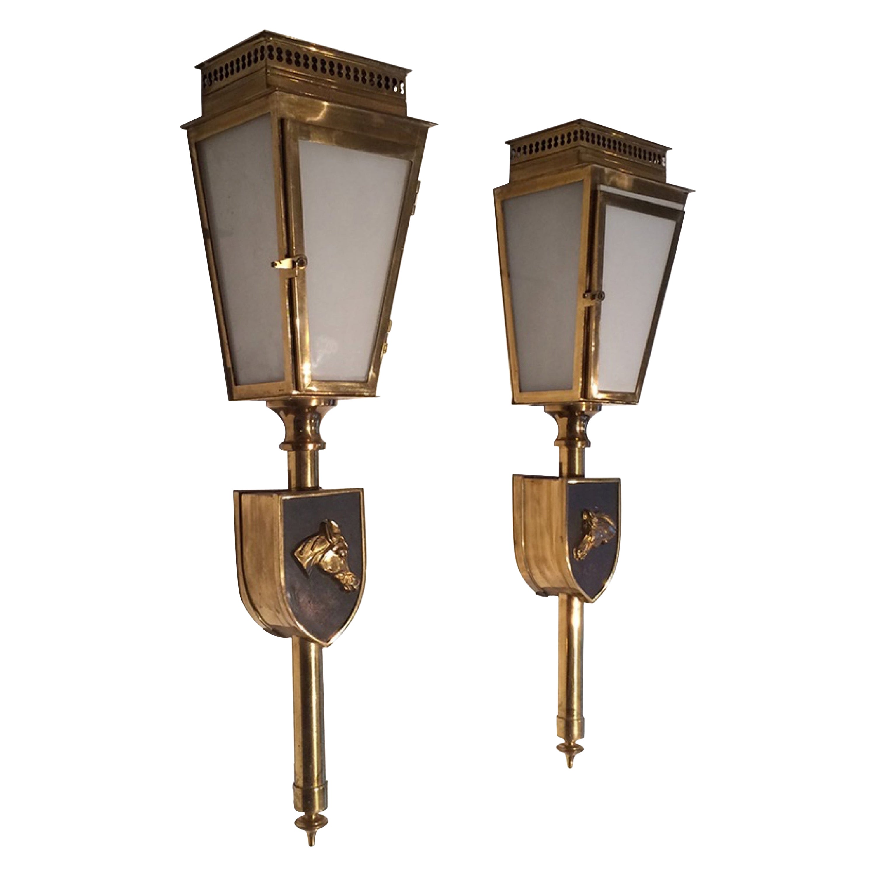 Pair of Horses Brass, Black Lacquered and Glass Lanterns, Circa 1950 For Sale