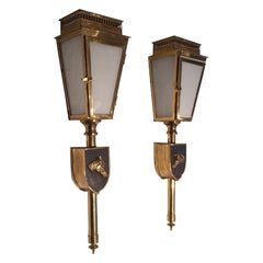 Vintage Pair of Horses Brass, Black Lacquered and Glass Lanterns, Circa 1950