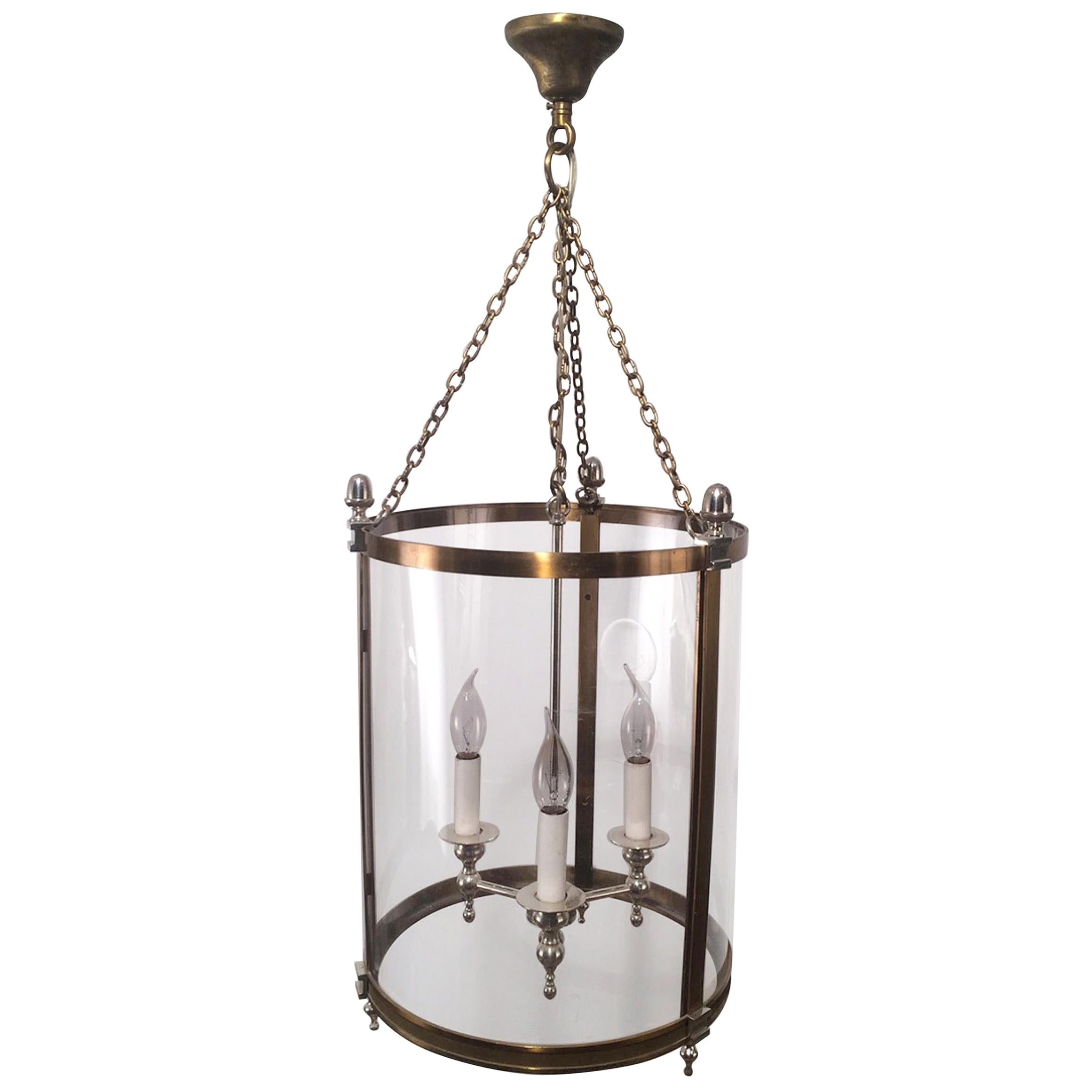 Neoclassical Brass & Silver Plated Lantern with Strong Rounded Faux-Glass Plast For Sale