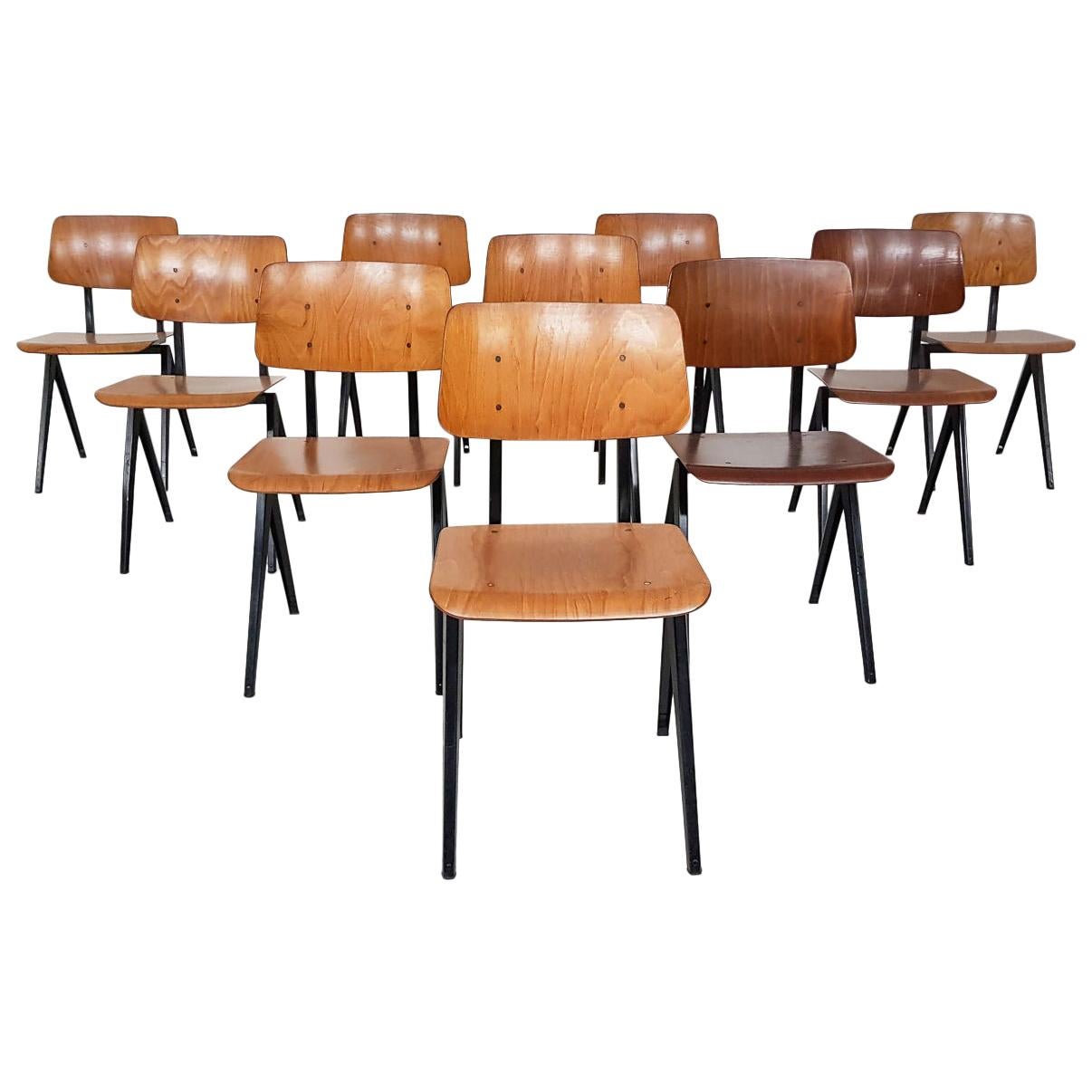 Set of 10 Galavanitas S16 Industrial Plywood School Chairs, Dutch Design, 1960s