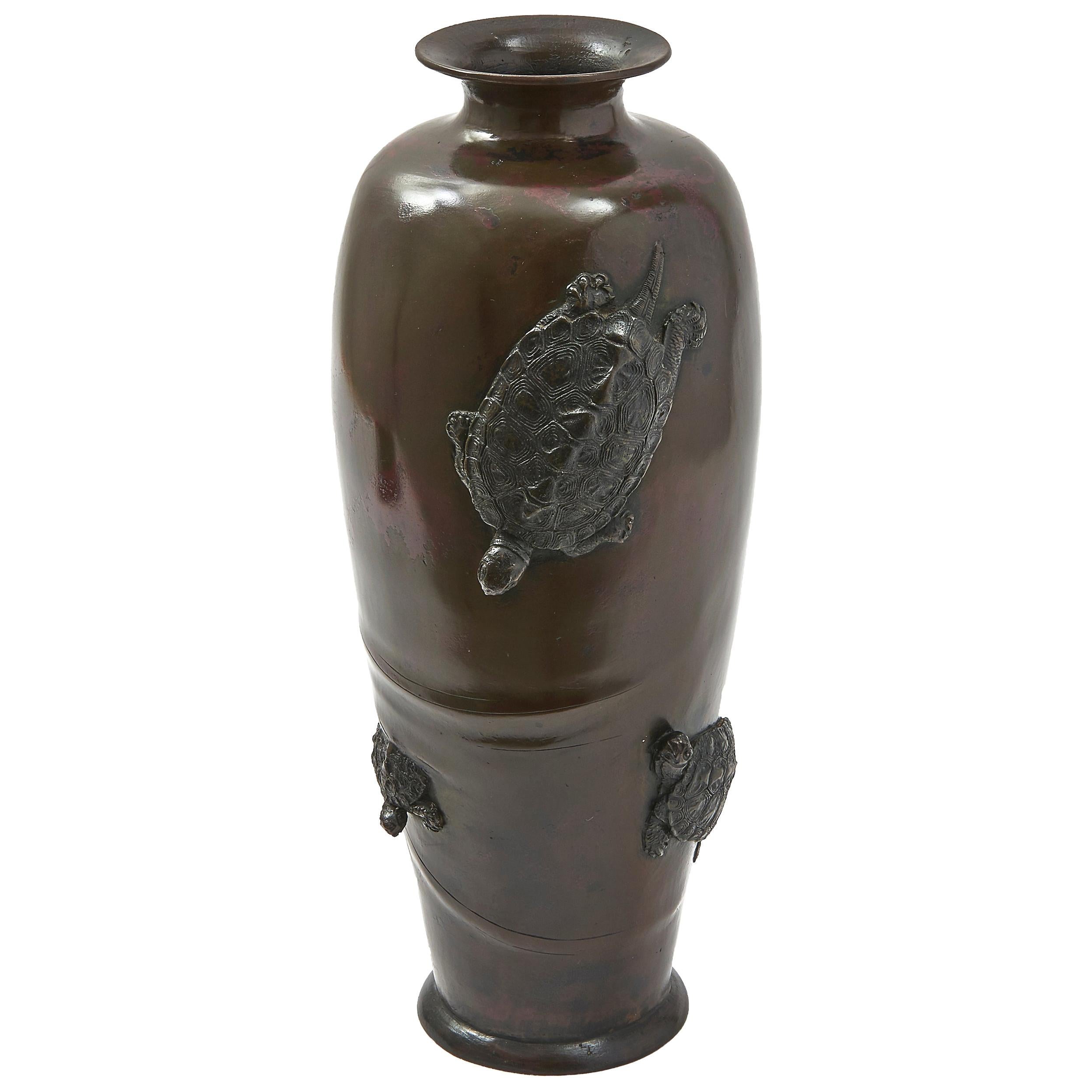 Japanese Bronze Vase with Applied Bronze Tortoises, 19th Century For Sale