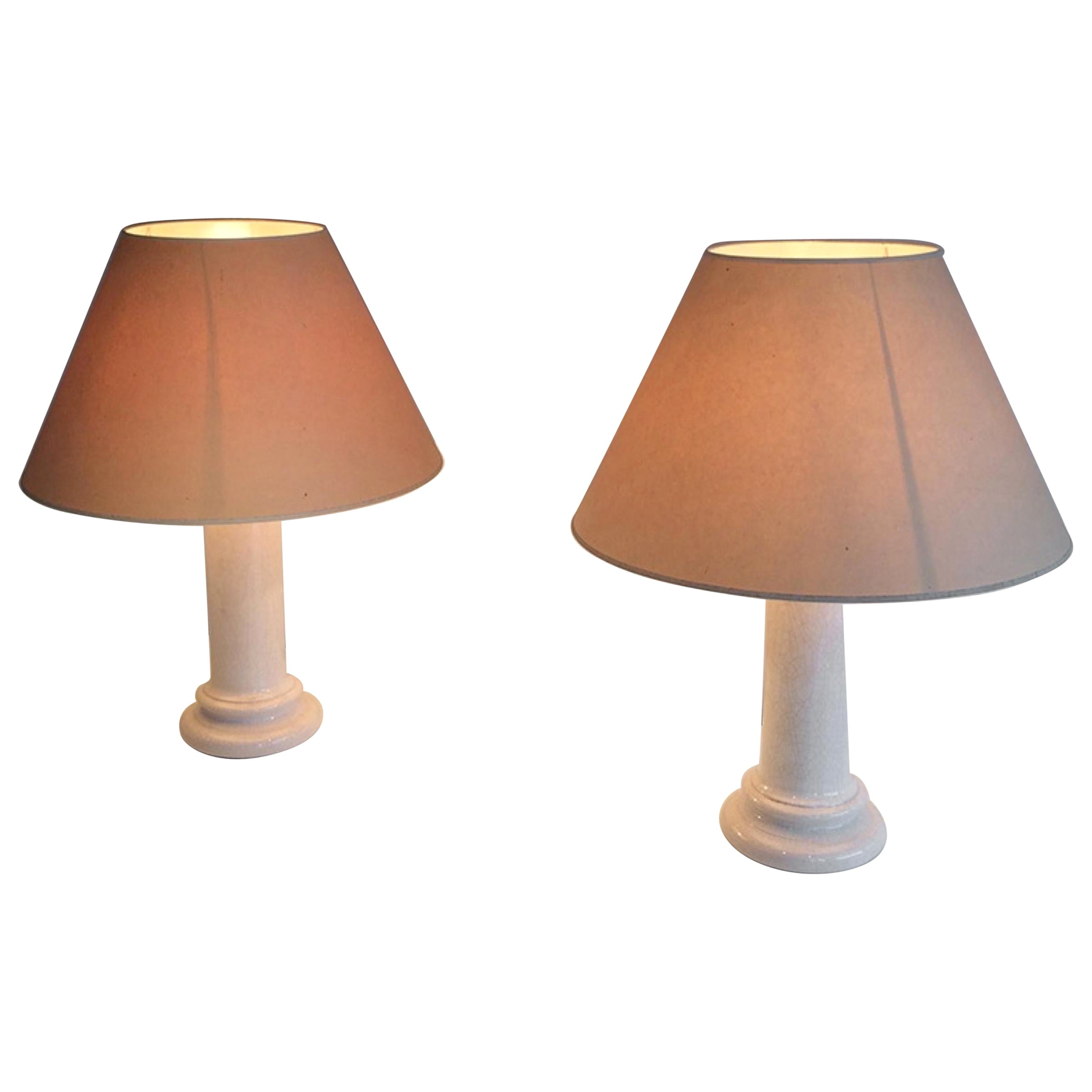 Pair of White Cracked Ceramic Lamps, circa 1970