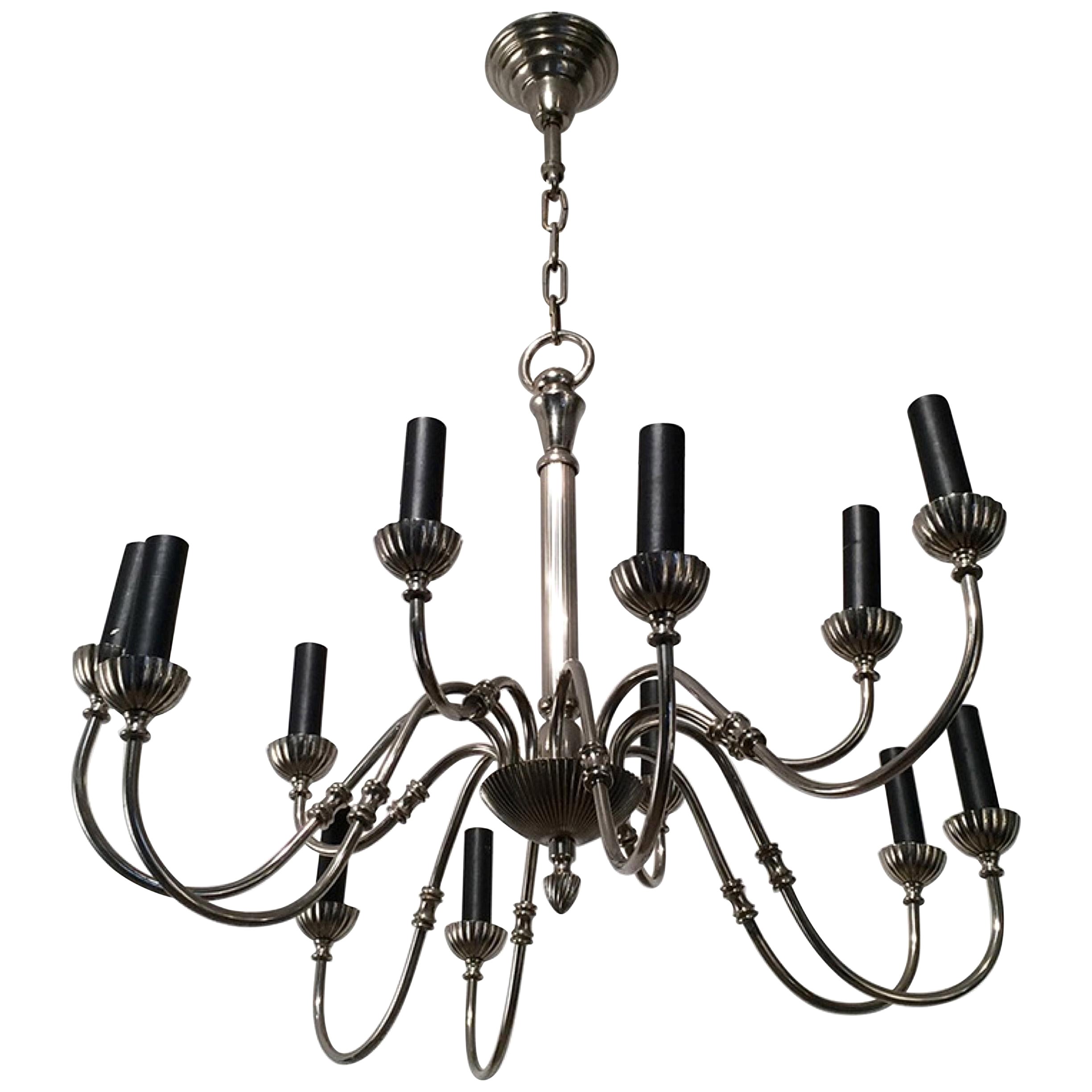 Silver Plated 12-Light Neoclassical Chandelier, circa 1940 For Sale