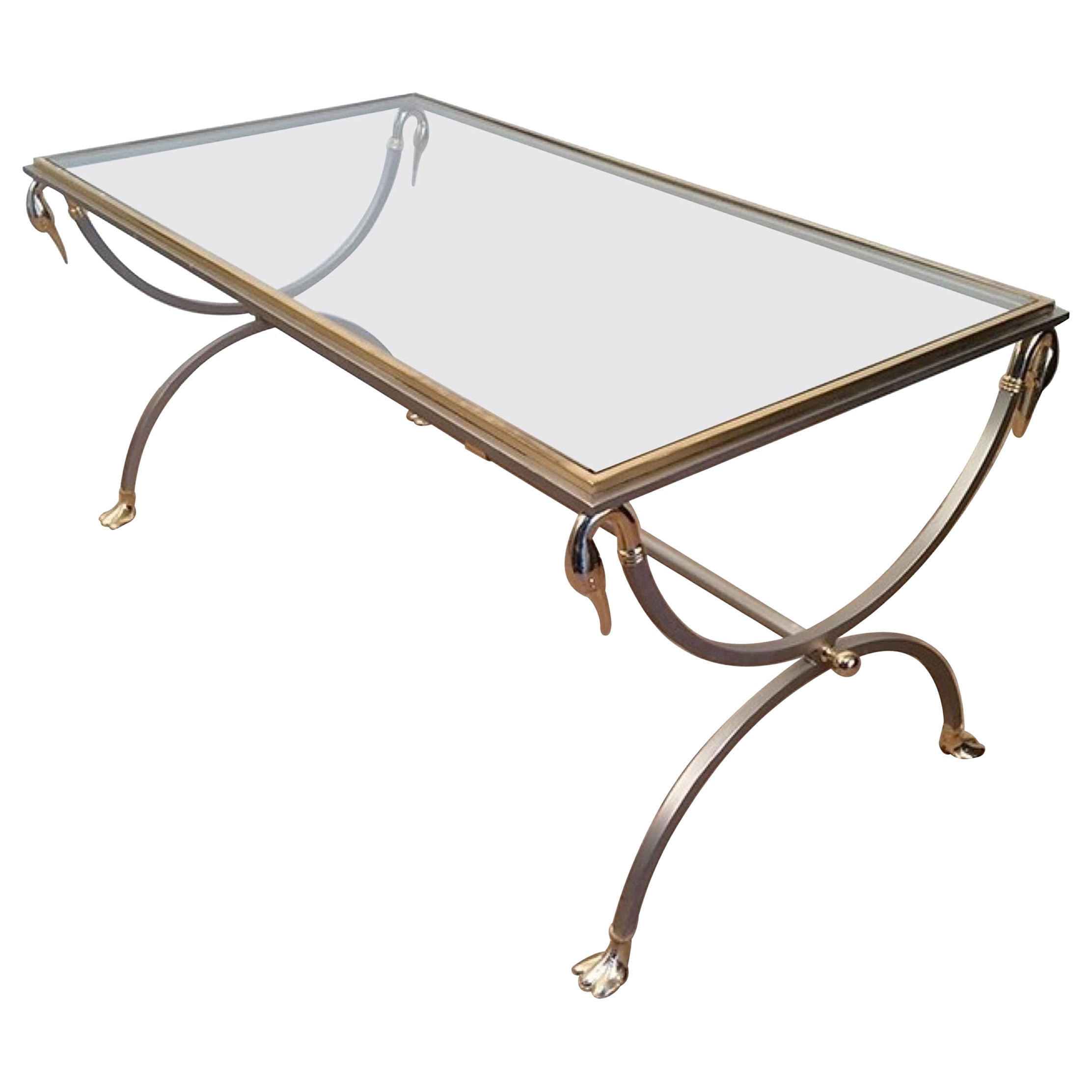 Attributed to Maison Jansen, Brushed Steel & Brass Coffee Table with Swanheads