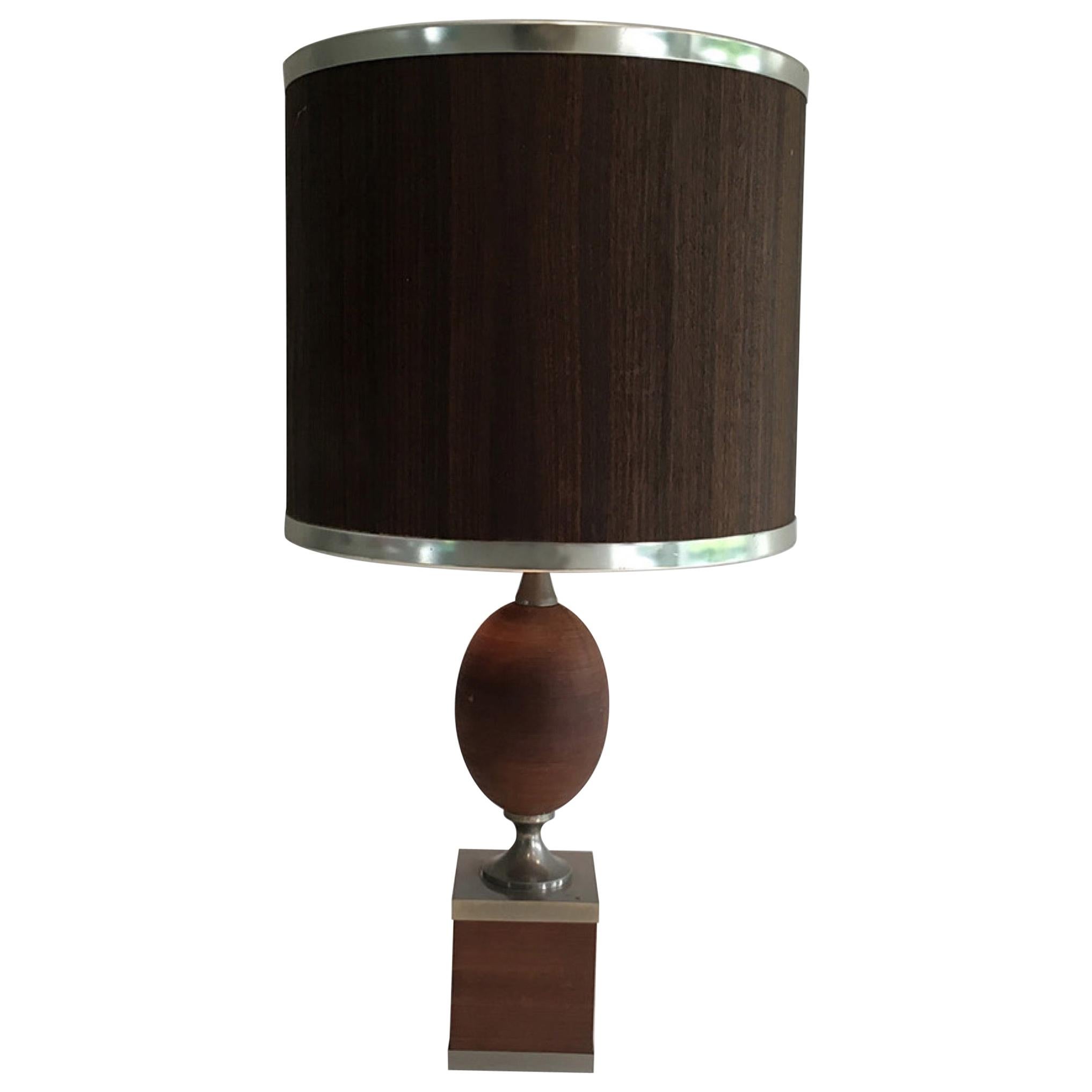 Wood and Brushed Steel Egg Lamp with Wooden Shade, circa 1970 For Sale