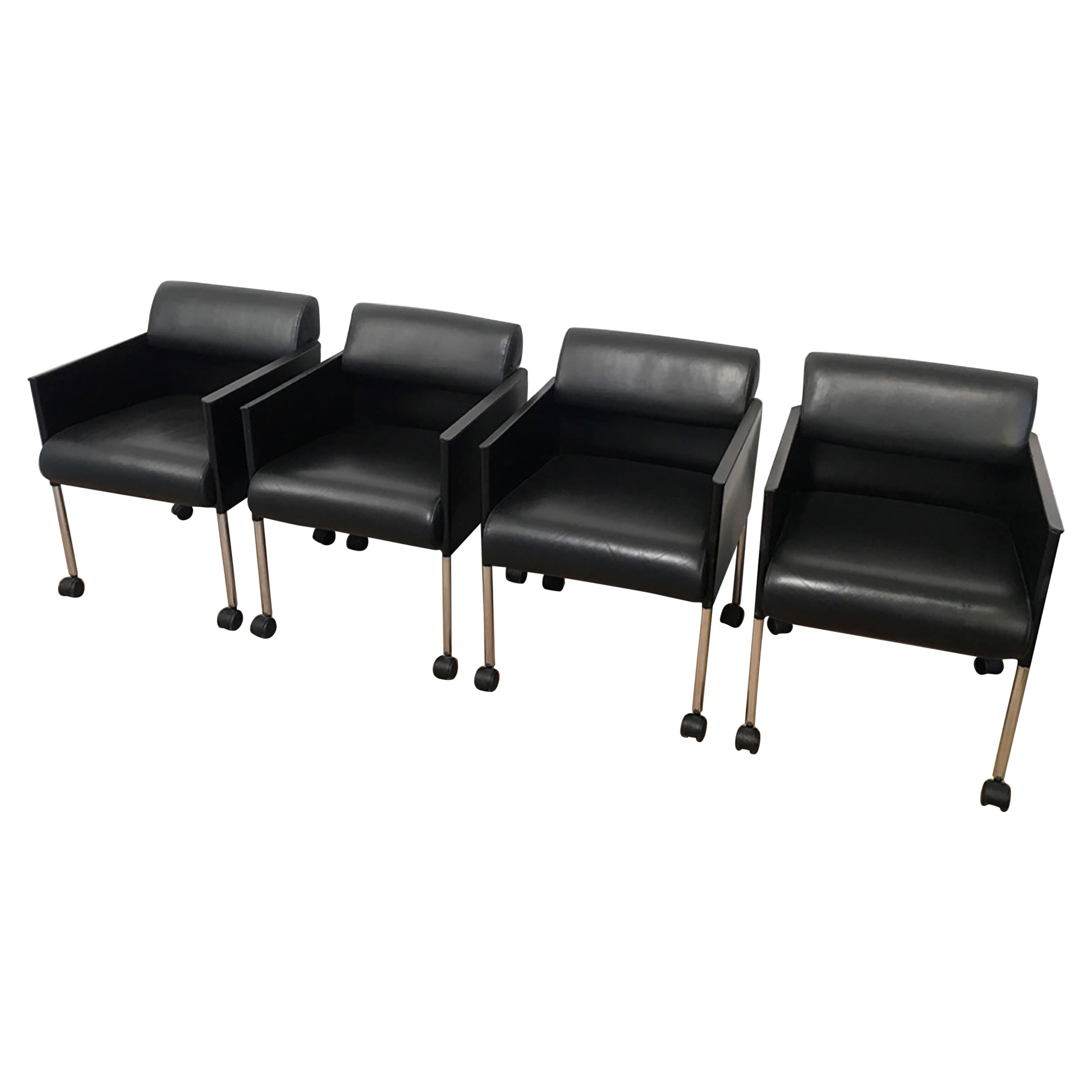 Set of 4 Black Lacquered and Leather Armchairs on Casters by Rosenthal. Cir 1970 For Sale
