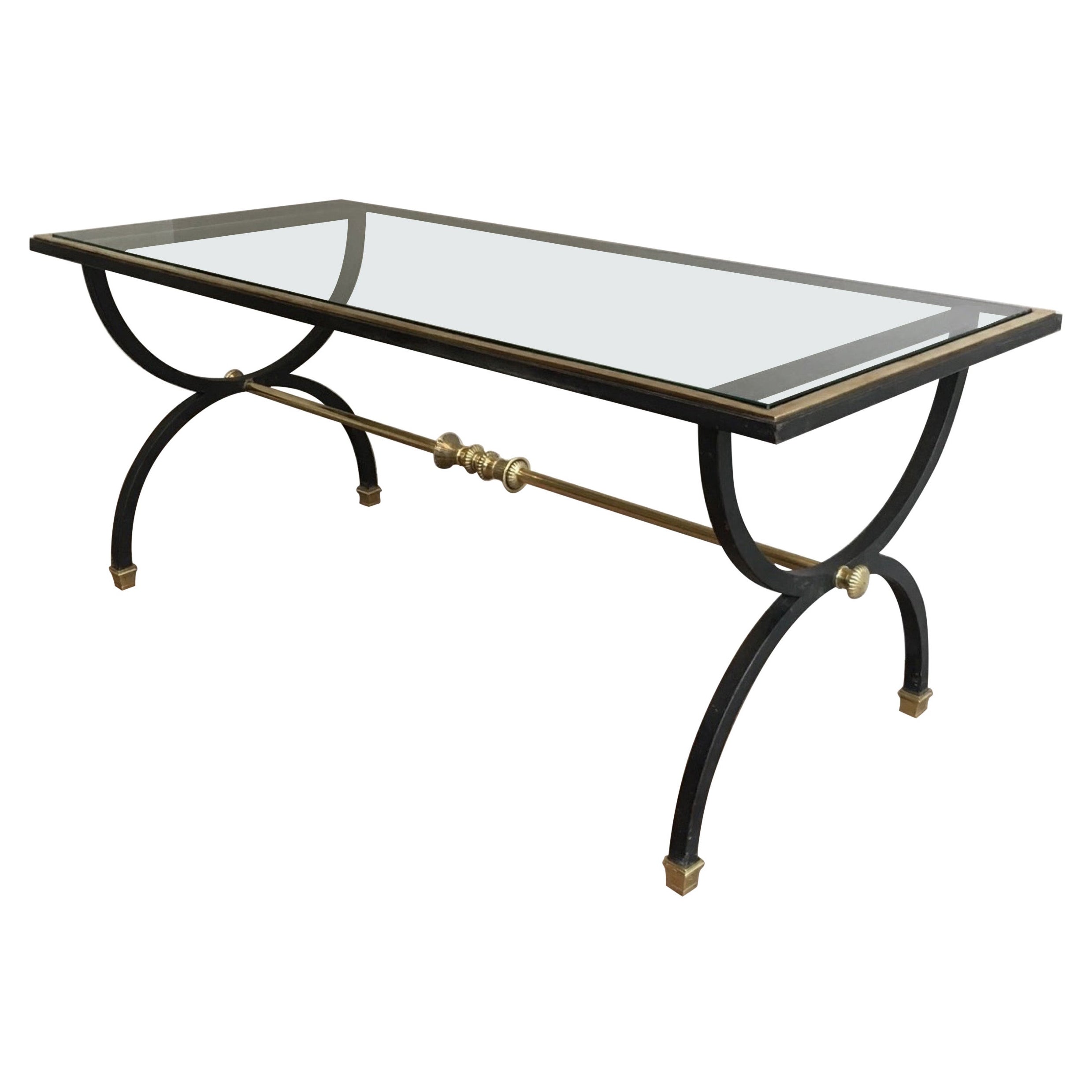 Neoclassical Black Steel and Brass Coffee Table, circa 1950