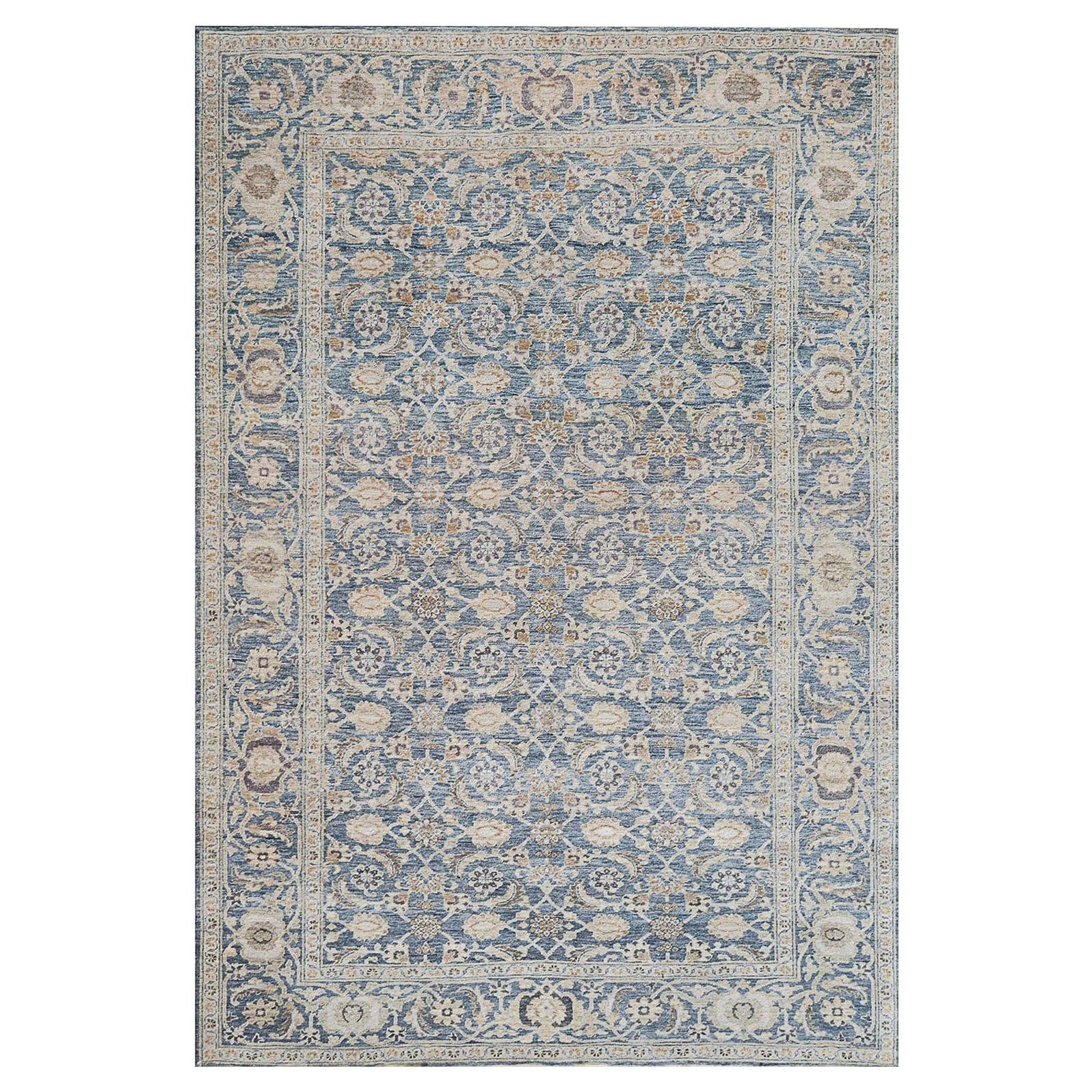 Nueva alfombra contemporánea de lana azul con flores tejida a mano inspirada en Tabriz