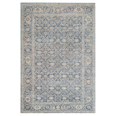 Nueva alfombra contemporánea de lana azul con flores tejida a mano inspirada en Tabriz