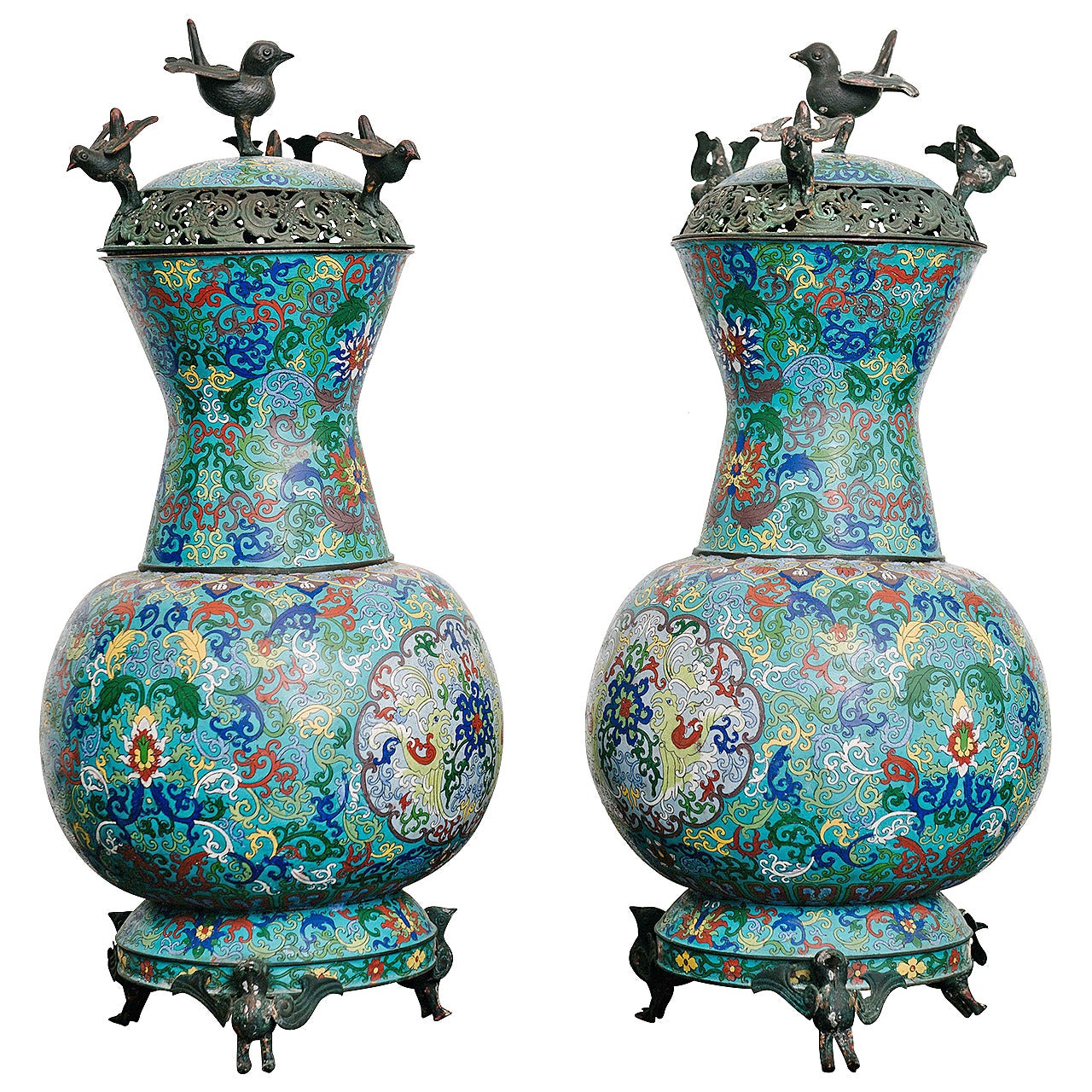 Pair of 19th Century Chinese Bronze Cloisonné Urns For Sale