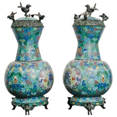 Pair of 19th Century Chinese Bronze Cloisonné Urns