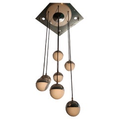 Seven Opaline Glass Spheres Italian Pendant Chandelier by Stilnovo, 1960s