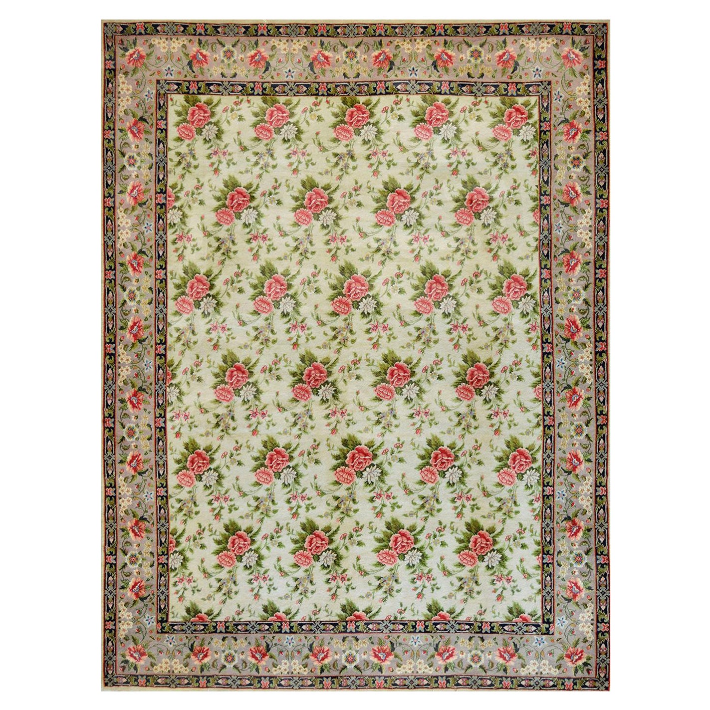 Contemporary Persian-Wool Hand-woven Floral Mashad Rug For Sale