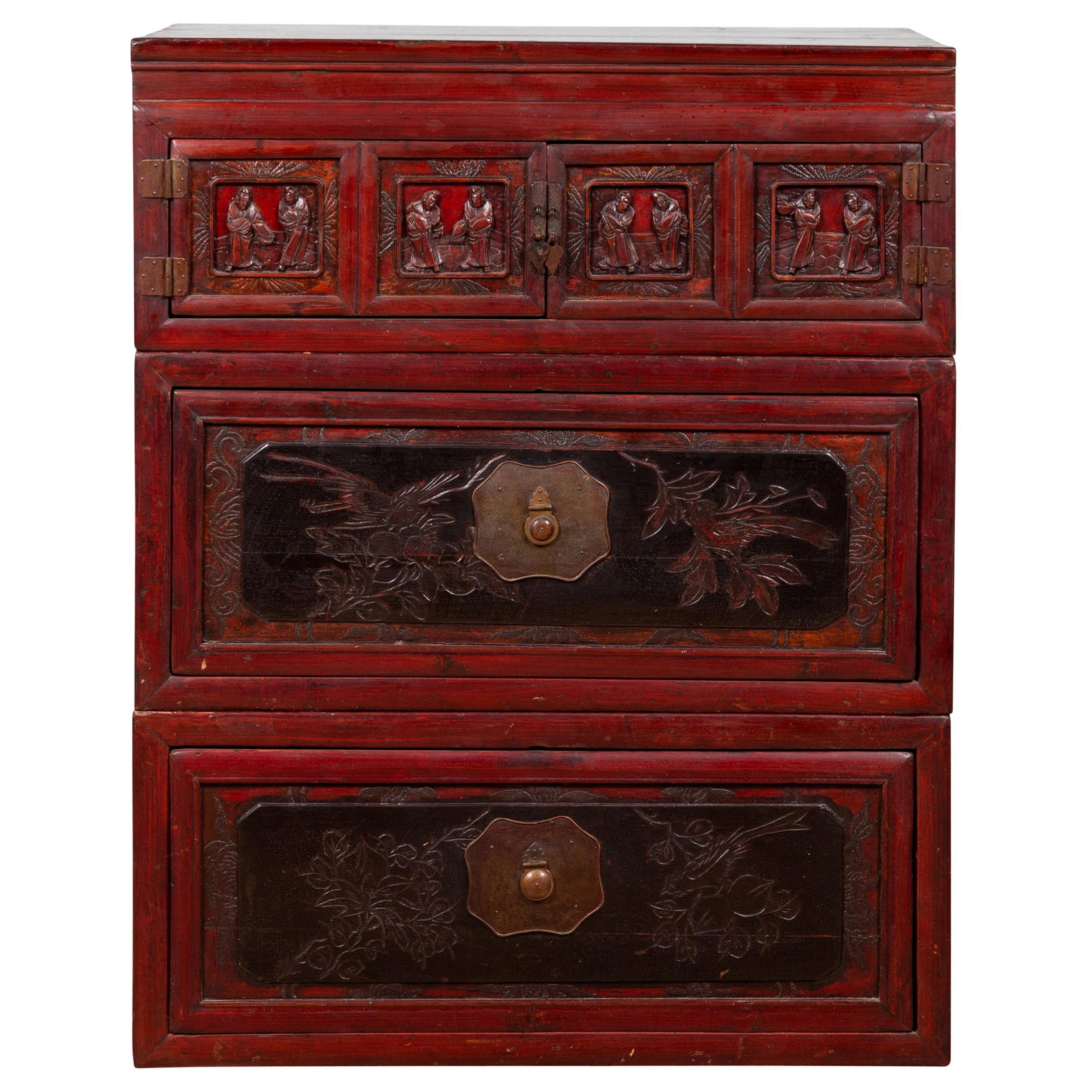 Qing Dynasty Red and Black Lacquered Three-Section Chest with Carved Figures