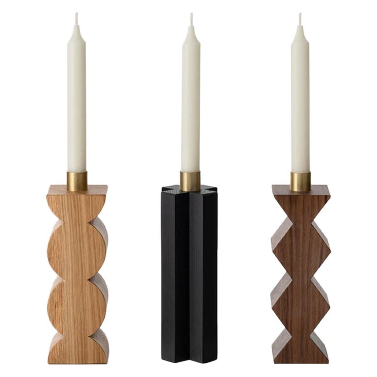 Constantin Set of Candleholders in wood and Brass Minimalist Design For Sale