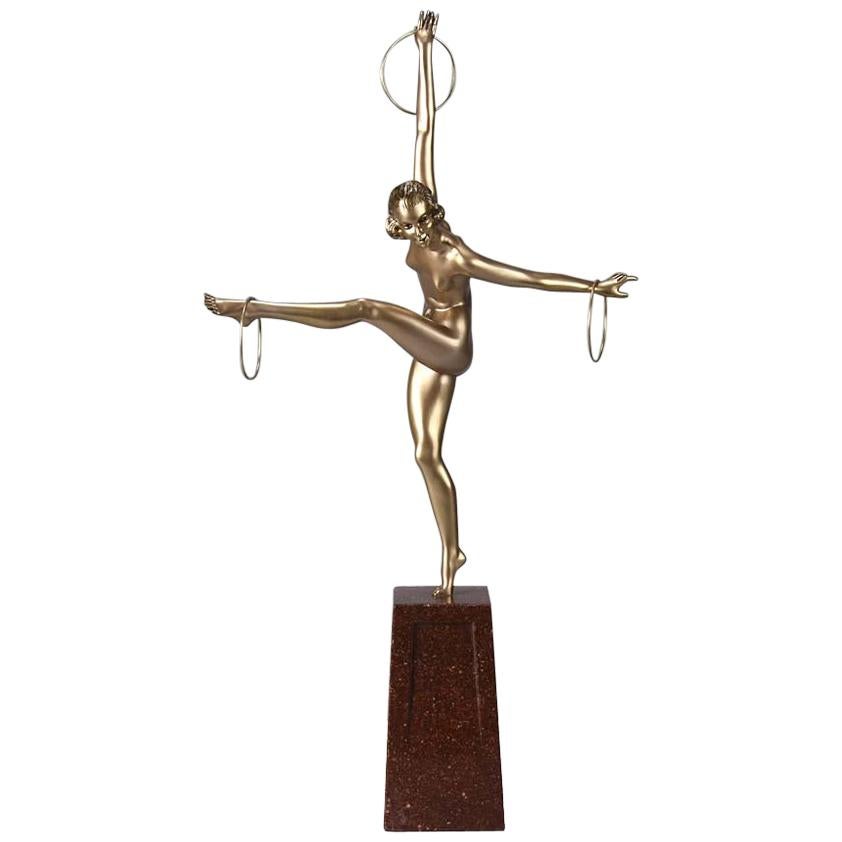 Cold Painted French Art Deco Bronze Figure 'Hoop Dancer' by Georges Duvernet