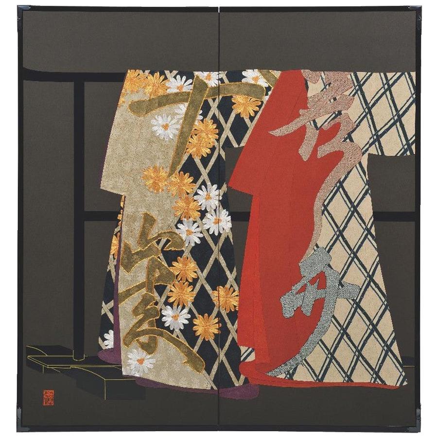 Grand écran pliant japonais contemporain en soie rouge, noir et doré