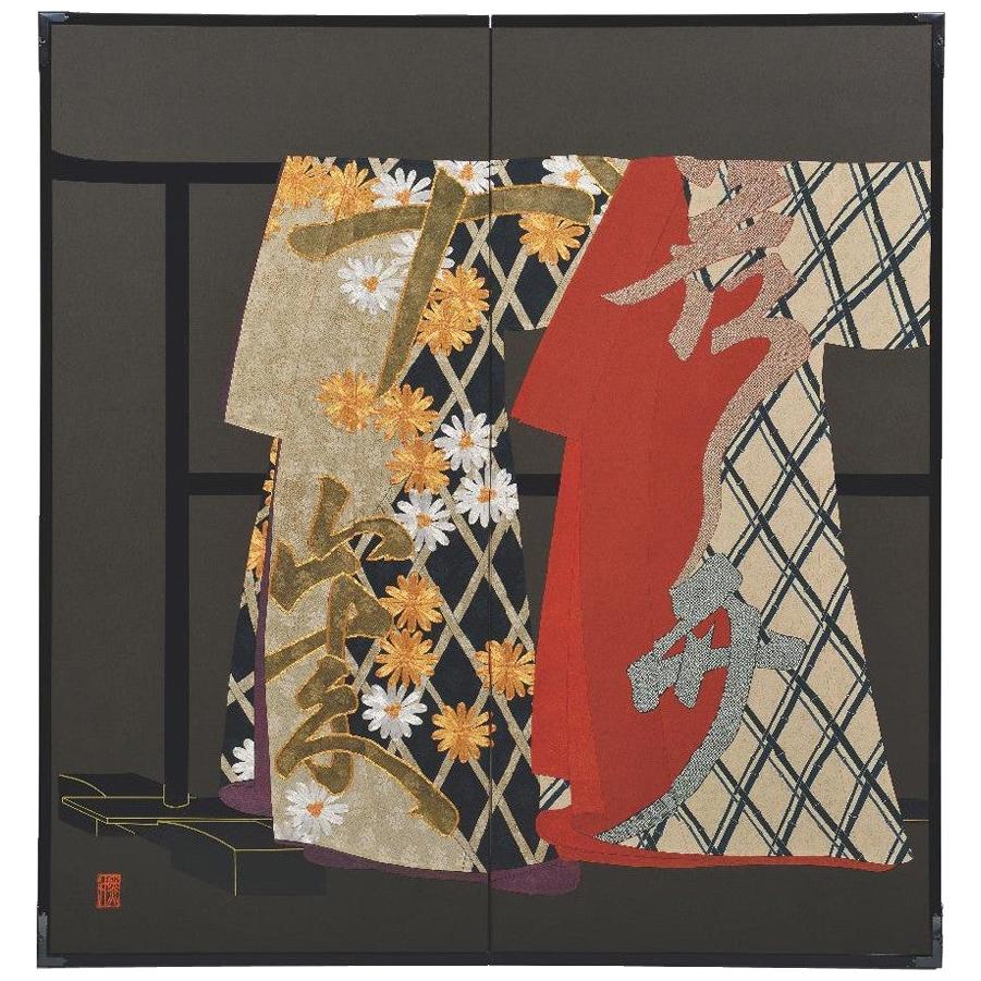 Biombo Japonés Contemporáneo de Seda Dorada Rojo Negro