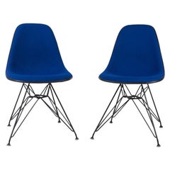 Pair of Blue Herman Miller Eames Upholstered DSR Dining Side Shell Chairs