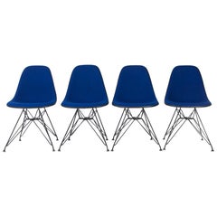 Set of 4 Blue Herman Miller Eames Upholstered DSR Dining Side Shell Chairs